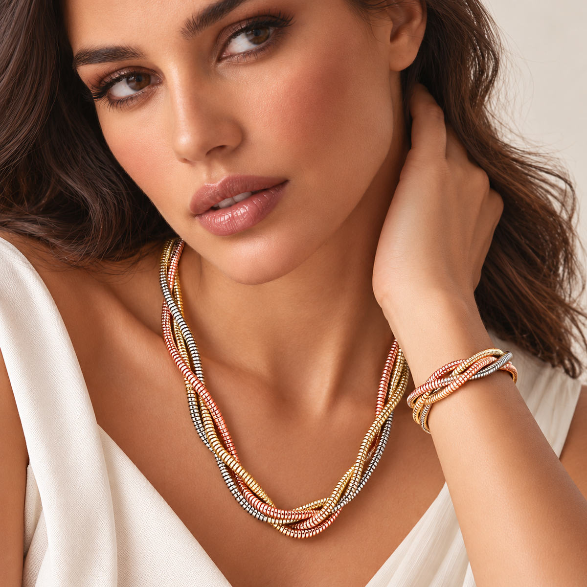 Lavencious Tri-Tone Plated Three Line Necklace, 16"+3" and Three Line Bracelet, 7.5" Long Set