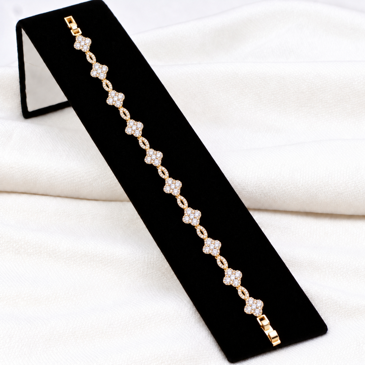 14K Gold Plated With Clear Cubic Zirconia Clover Bracelets, 7"