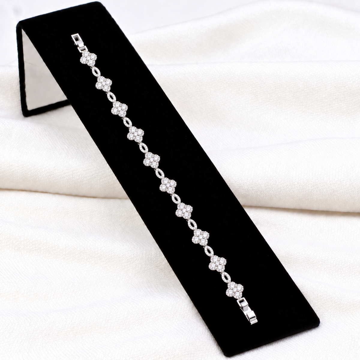 Rhodium Plated With Clear Cubic Zirconia Clover Bracelets, 7"