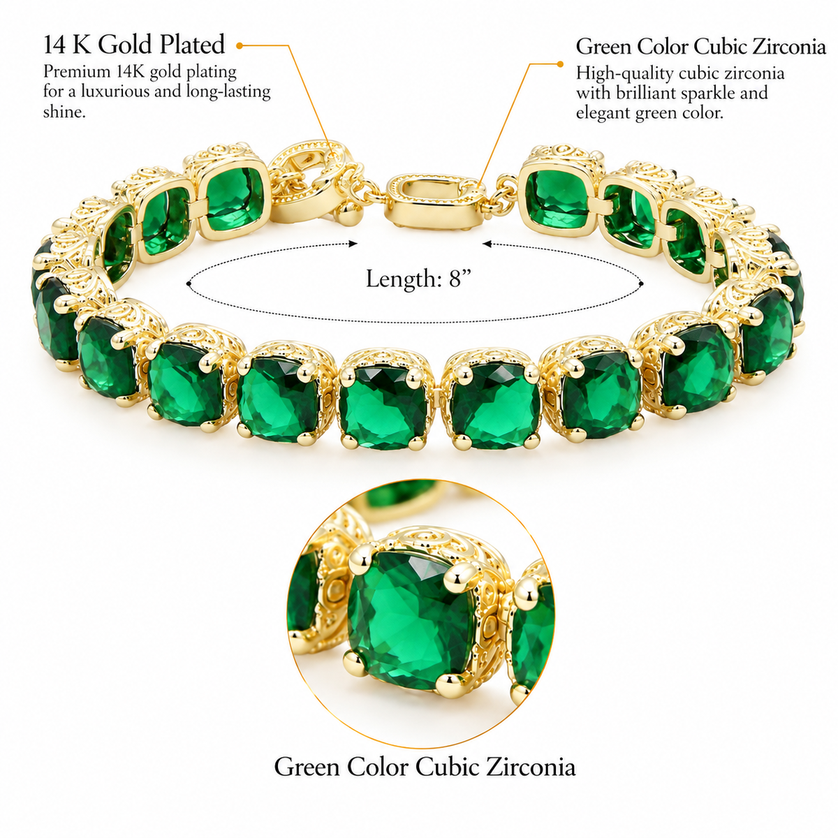 Lavencious 14K Gold Plated With Green Cubic Zirconia Tennis Bracelets