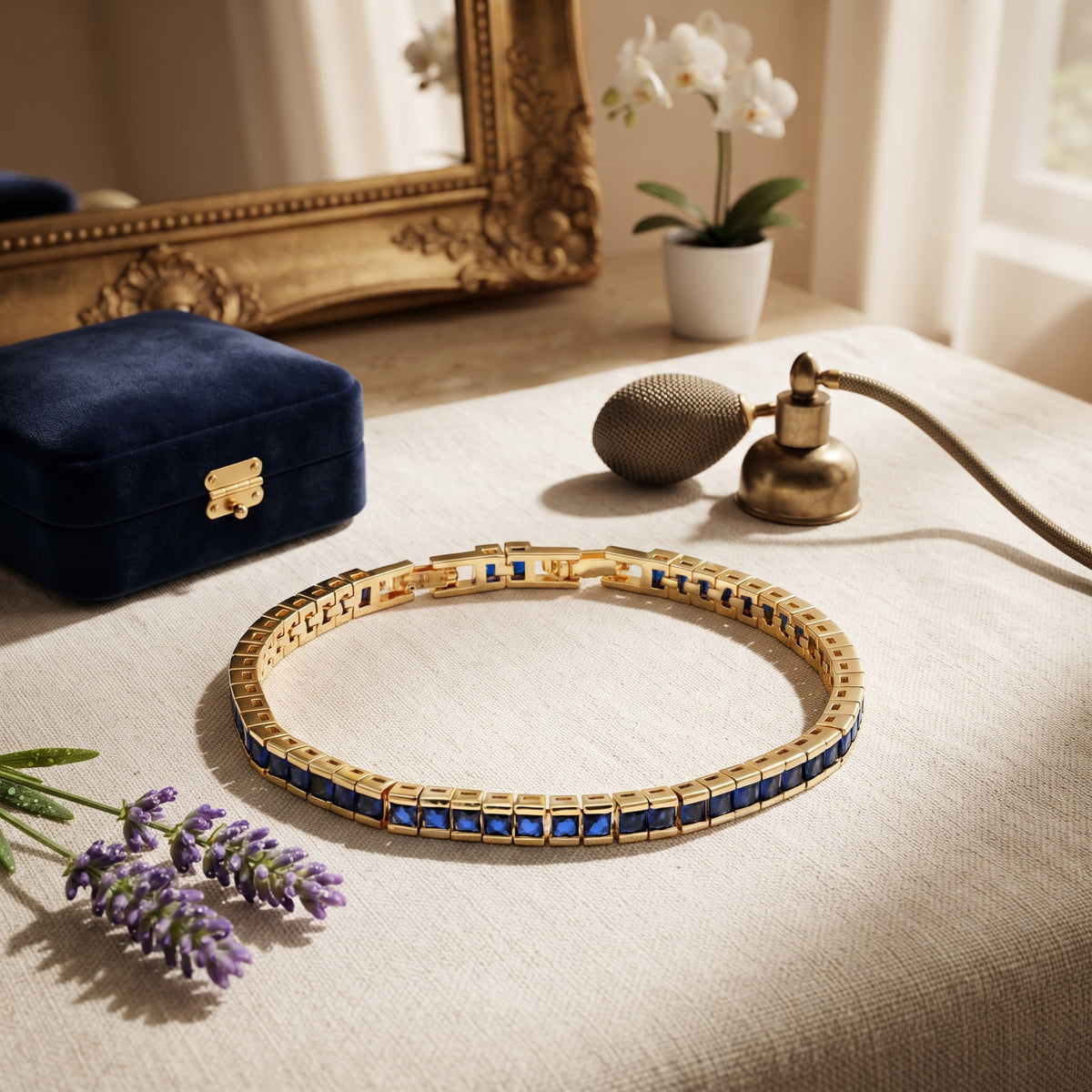 Lavencious Gold Plated with 4mm Emerald Blue Princess Cut AAAAA Cubic Zirconia Tennis Bracelets