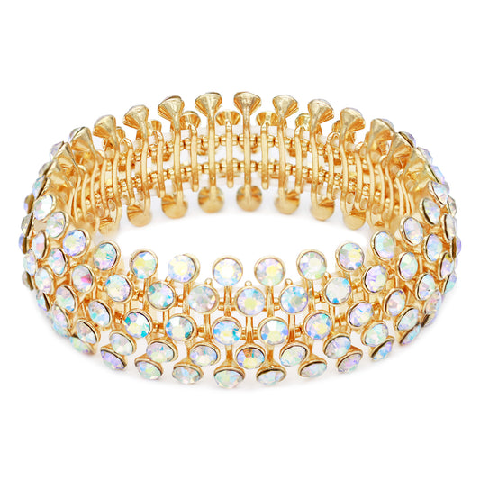 Lavencious Tennis 5 Row Rhinestone Stretch Bracelets Bridal Evening Party Jewelry For Woman Bangle (Gold AB)