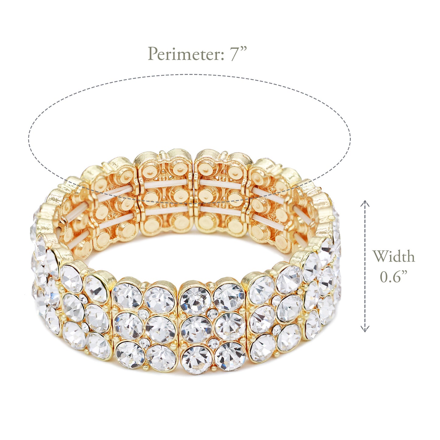 Lavencious Round Shape Rhinestone 3 Lines Stretch Bracelet Evening Party Jewelry 7” (Gold Clear)
