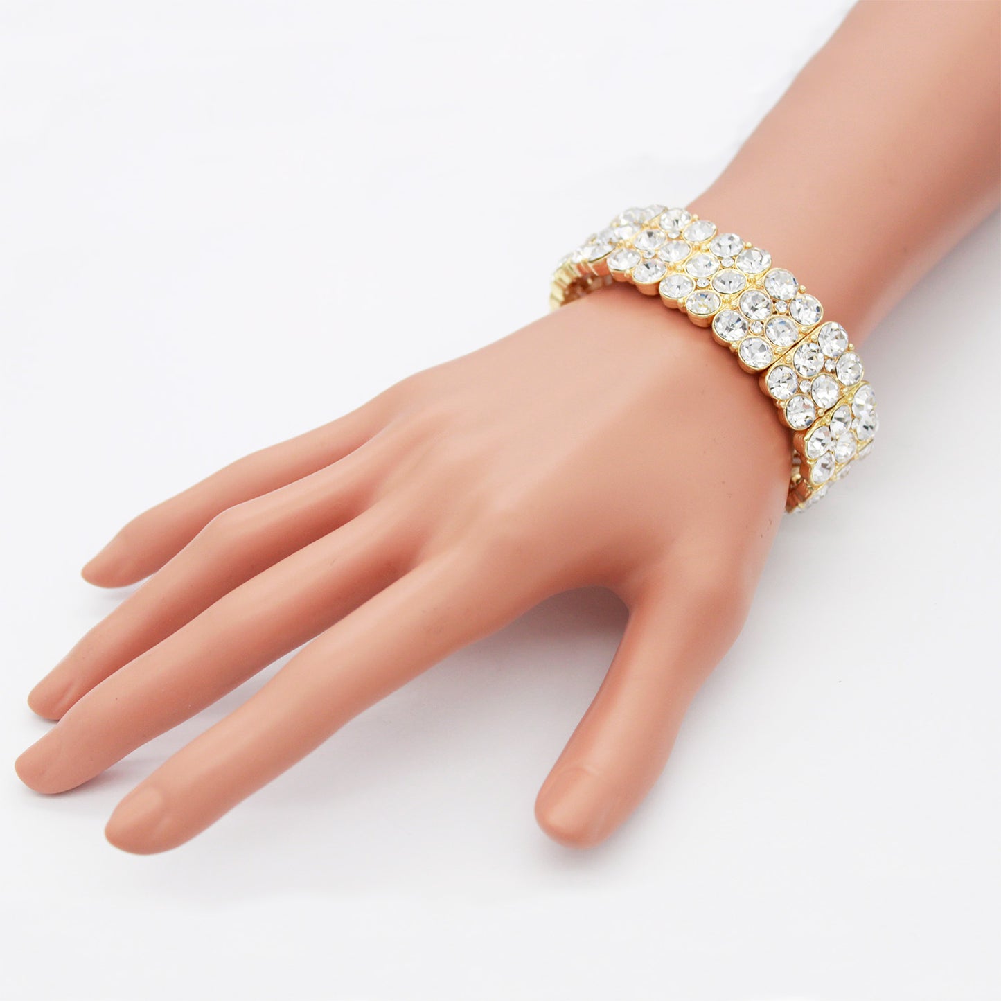 Lavencious Round Shape Rhinestone 3 Lines Stretch Bracelet Evening Party Jewelry 7” (Gold Clear)