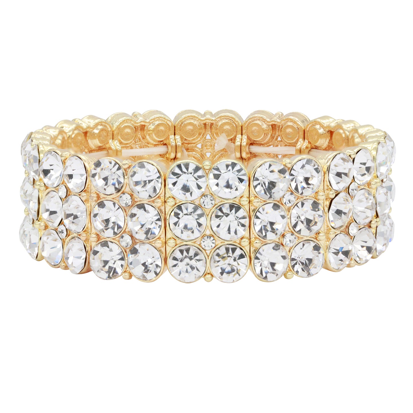 Lavencious Round Shape Rhinestone 3 Lines Stretch Bracelet Evening Party Jewelry 7” (Gold Clear)