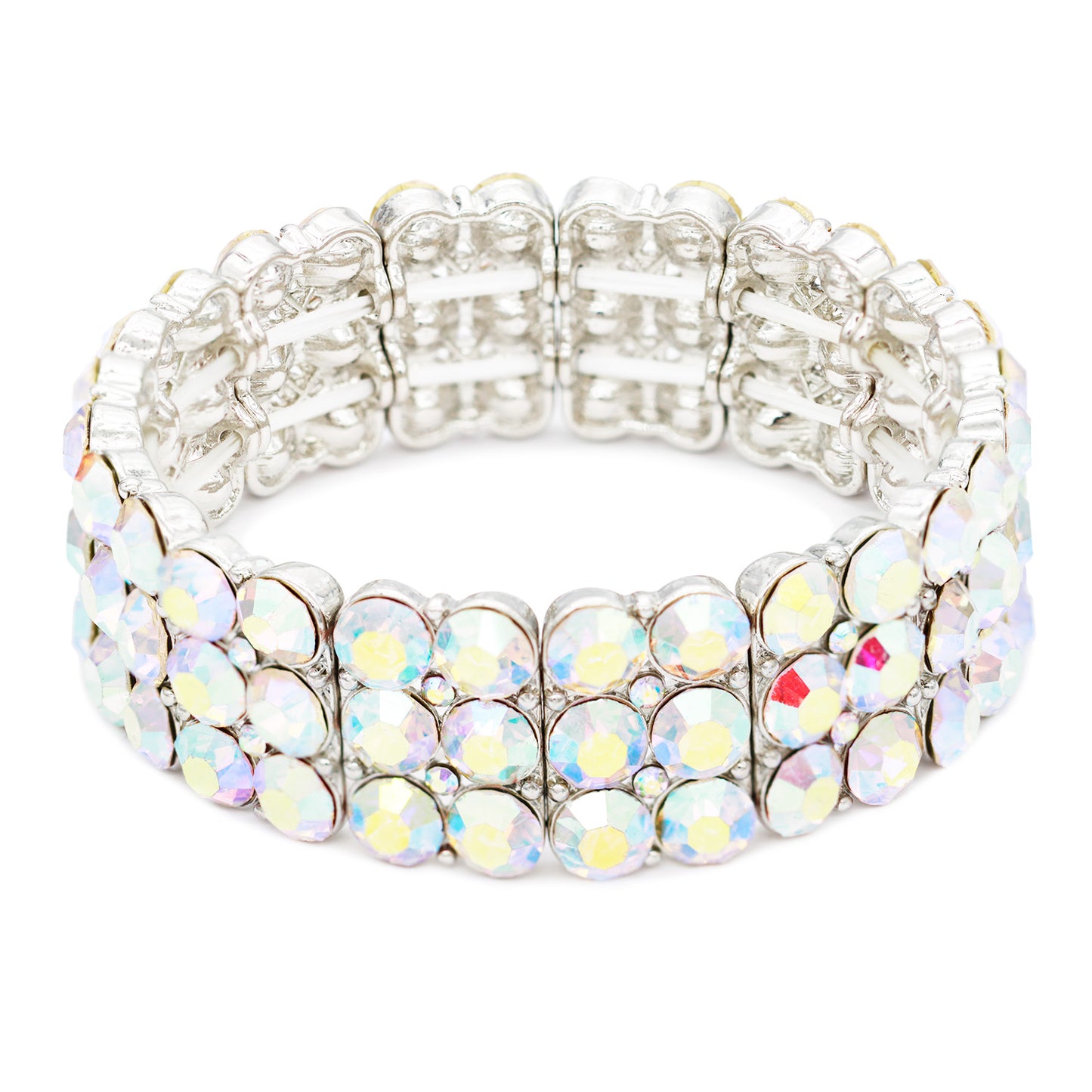 Lavencious Round Shape Rhinestone 3 Lines Stretch Bracelet Evening Party Jewelry 7” (Silver AB)