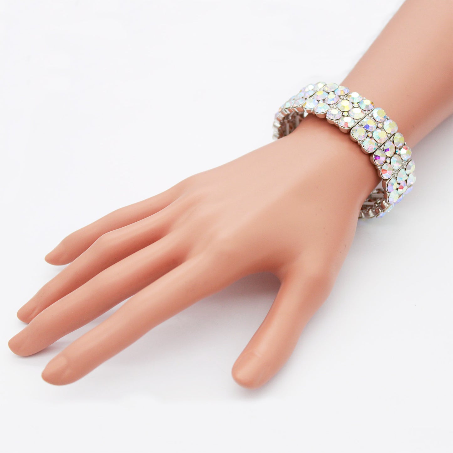 Lavencious Round Shape Rhinestone 3 Lines Stretch Bracelet Evening Party Jewelry 7” (Silver AB)
