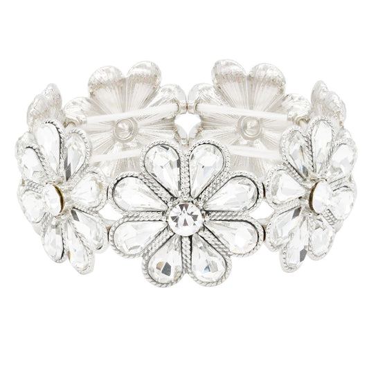 Lavencious Flower Shape Elastic Stretch Bracelet Party Jewelry for Women 7"(Silver Clear)