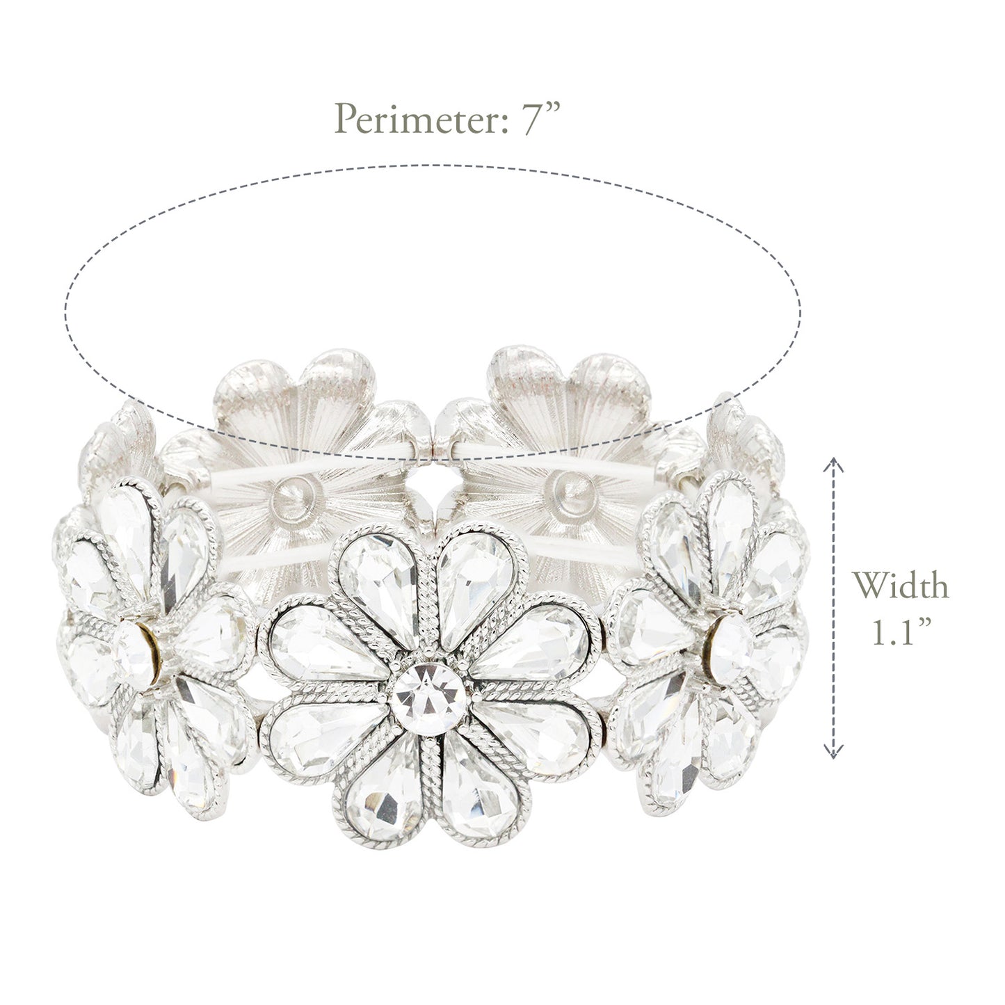 Lavencious Flower Shape Elastic Stretch Bracelet Party Jewelry for Women 7"(Silver Clear)