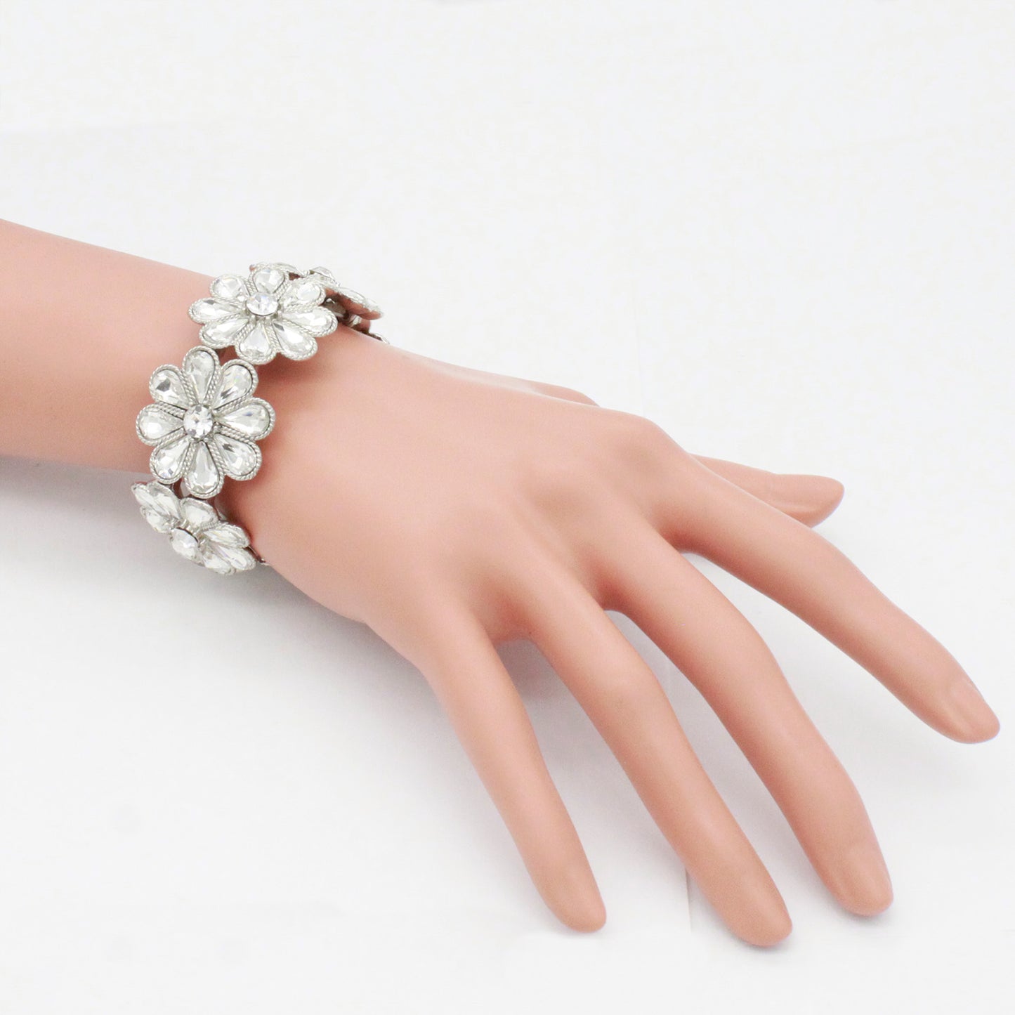Lavencious Flower Shape Elastic Stretch Bracelet Party Jewelry for Women 7"(Silver Clear)