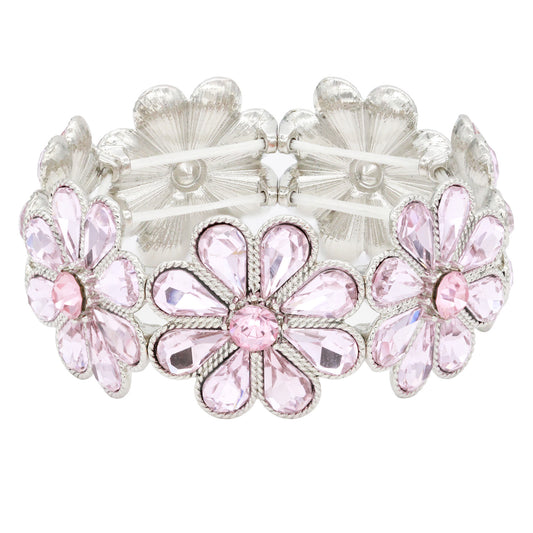 Lavencious Flower Shape Elastic Stretch Bracelet Party Jewelry for Women 7"(Silver Pink)