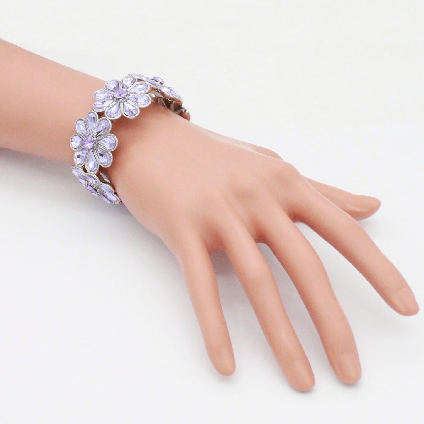 Lavencious Flower Shape Elastic Stretch Bracelet Party Jewelry for Women 7"(Silver Purple)