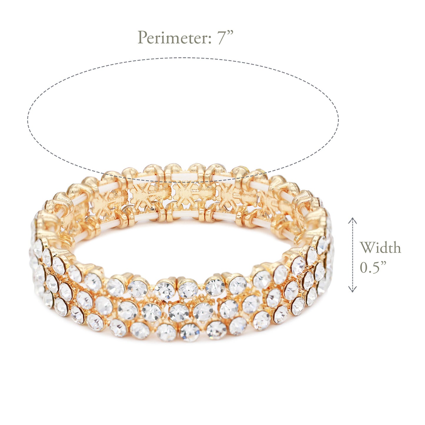 Lavencious Round Shape Rhinestones Thin 3 Rows Elastic Stretch Bracelet Party Jewelry for Women 7"(Gold Clear)