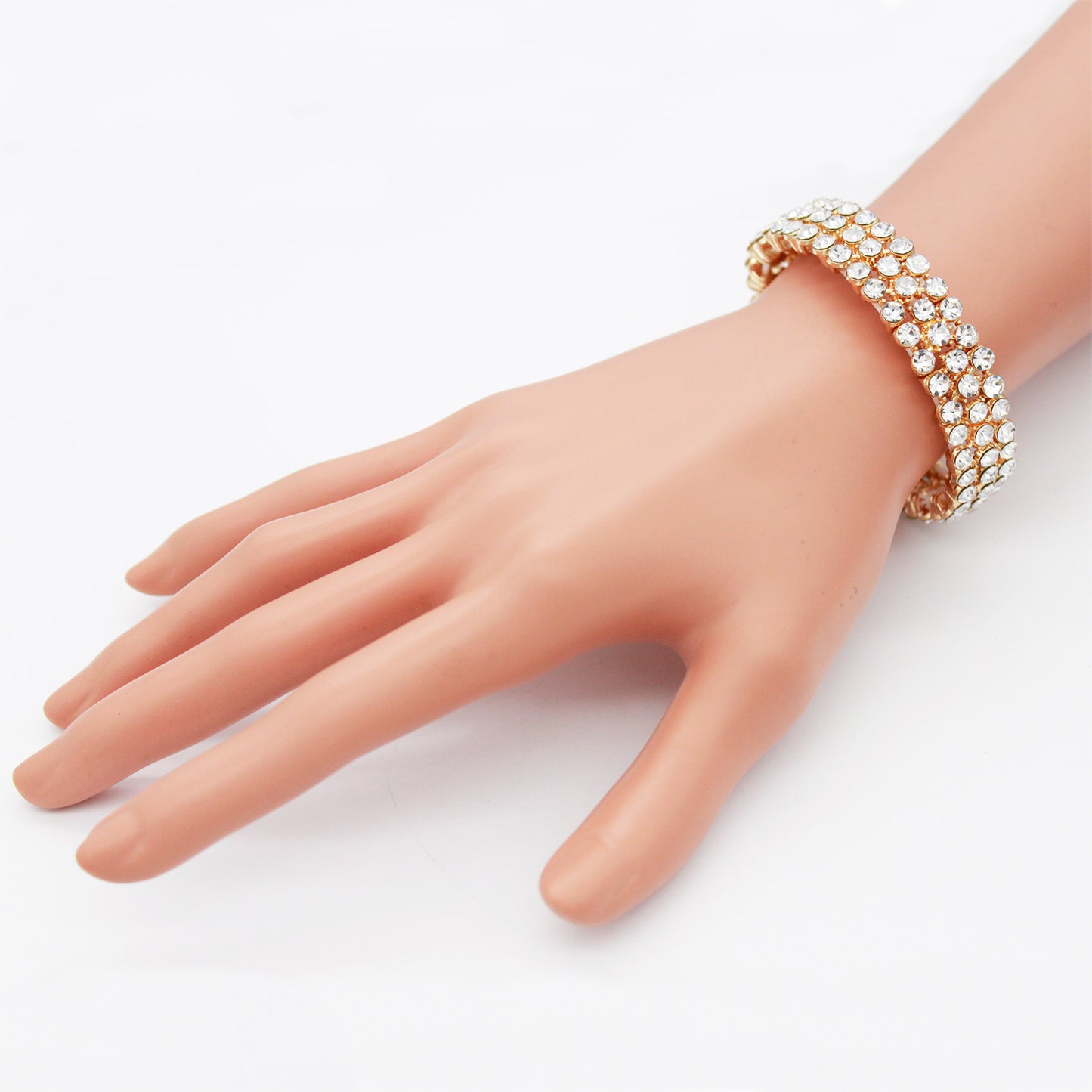 Lavencious Round Shape Rhinestones Thin 3 Rows Elastic Stretch Bracelet Party Jewelry for Women 7"(Gold Clear)