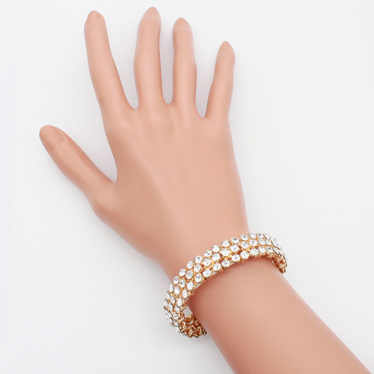 Lavencious Round Shape Rhinestones Thin 3 Rows Elastic Stretch Bracelet Party Jewelry for Women 7"(Gold Clear)