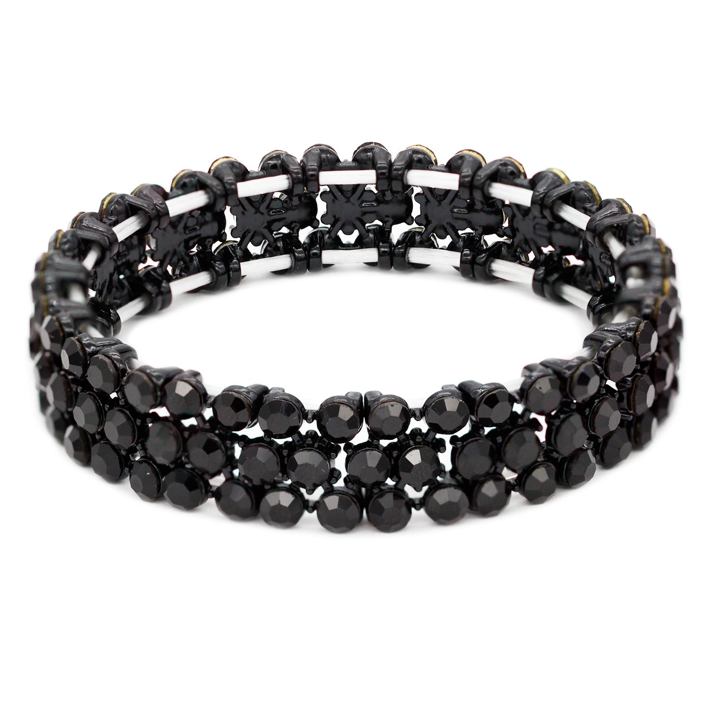 Lavencious Round Shape Rhinestones Thin 3 Rows Elastic Stretch Bracelet Party Jewelry for Women 7"(Black Jet)