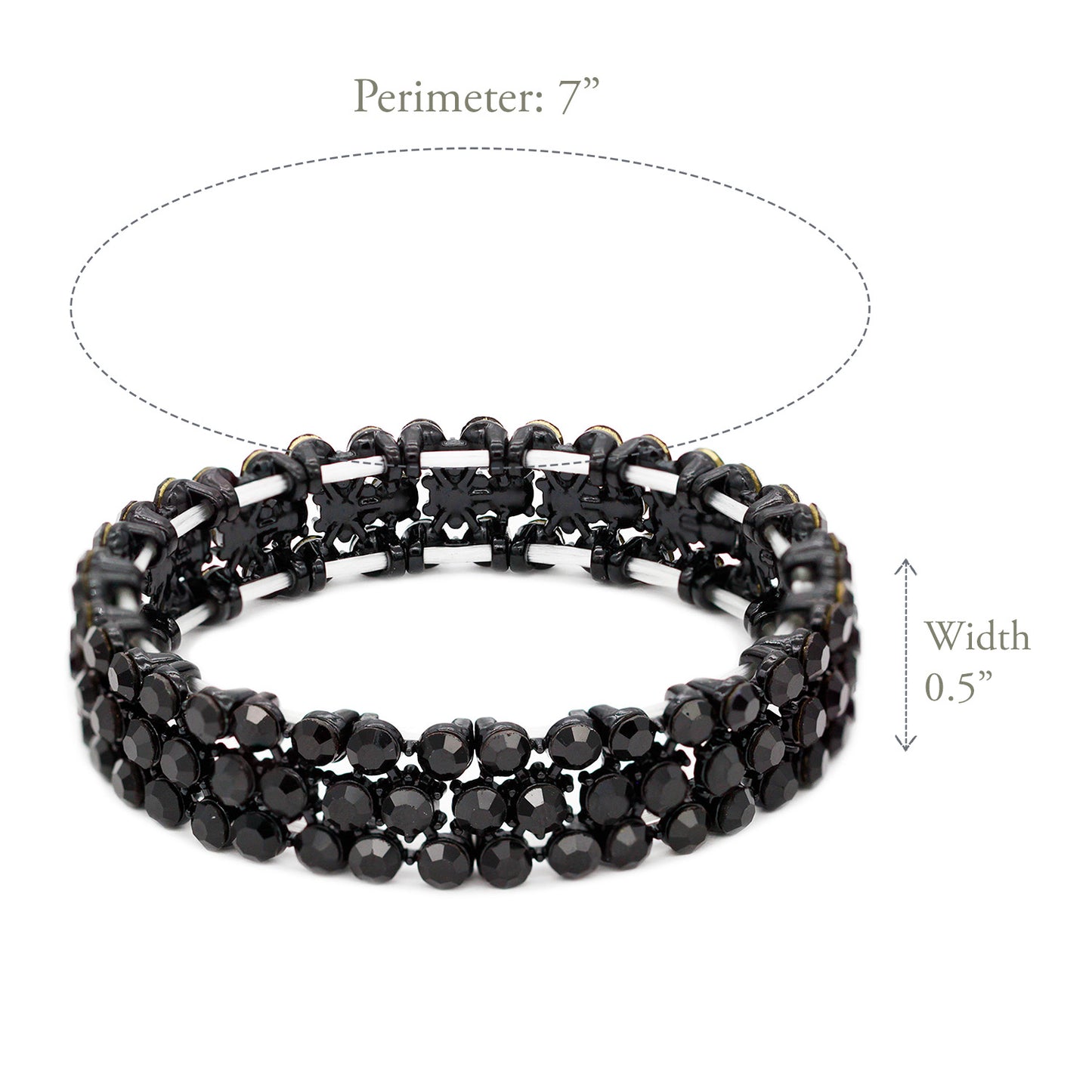Lavencious Round Shape Rhinestones Thin 3 Rows Elastic Stretch Bracelet Party Jewelry for Women 7"(Black Jet)