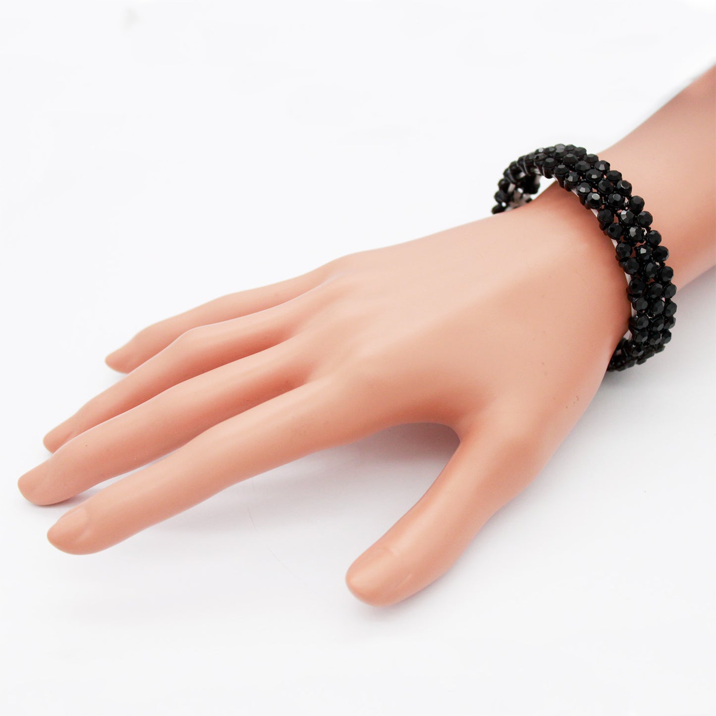 Lavencious Round Shape Rhinestones Thin 3 Rows Elastic Stretch Bracelet Party Jewelry for Women 7"(Black Jet)