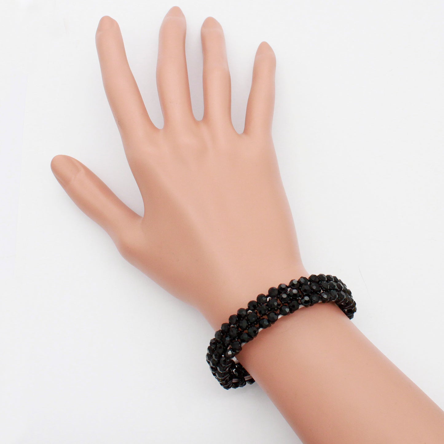 Lavencious Round Shape Rhinestones Thin 3 Rows Elastic Stretch Bracelet Party Jewelry for Women 7"(Black Jet)