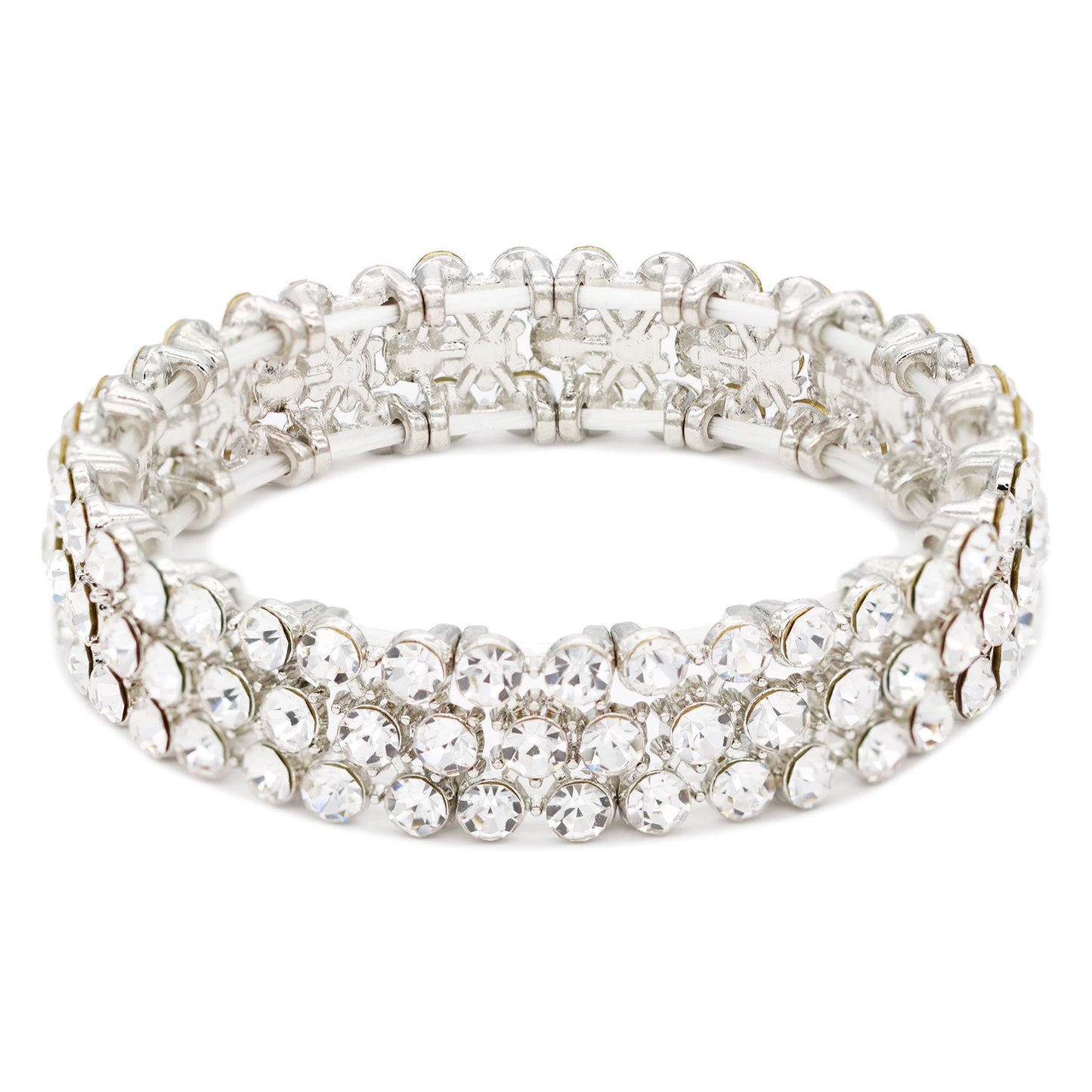Lavencious Round Shape Rhinestones Thin 3 Rows Elastic Stretch Bracelet Party Jewelry for Women 7"(Silver Clear)
