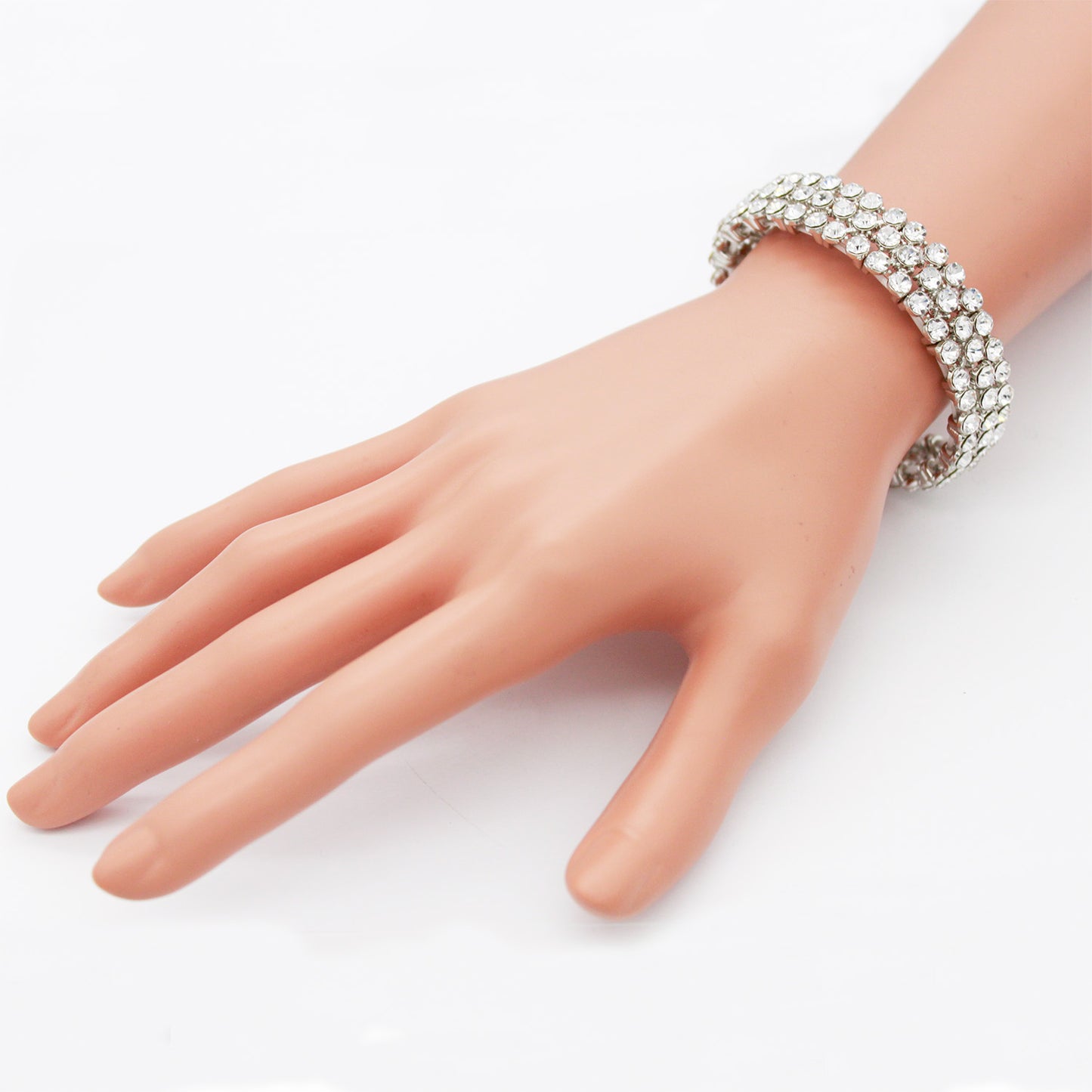 Lavencious Round Shape Rhinestones Thin 3 Rows Elastic Stretch Bracelet Party Jewelry for Women 7"(Silver Clear)