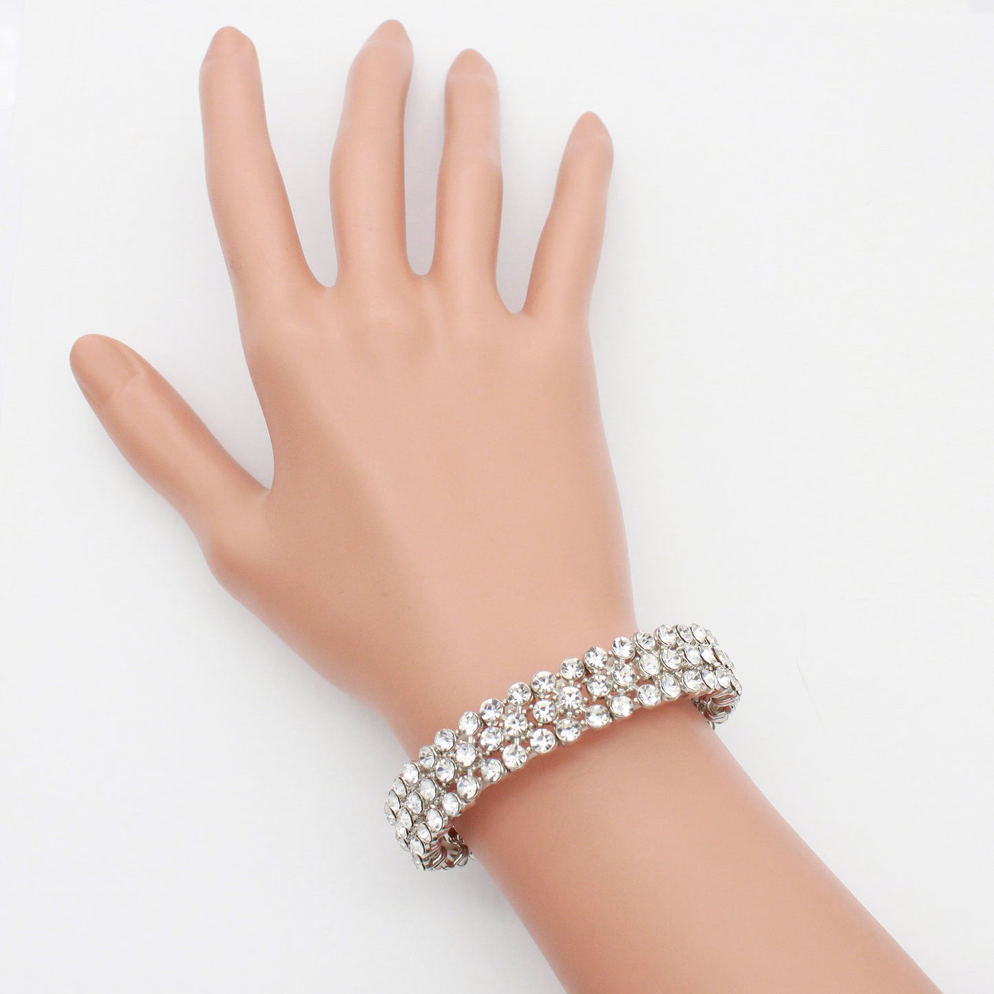 Lavencious Round Shape Rhinestones Thin 3 Rows Elastic Stretch Bracelet Party Jewelry for Women 7"(Silver Clear)
