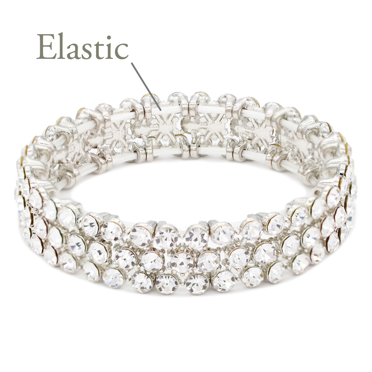 Lavencious Round Shape Rhinestones Thin 3 Rows Elastic Stretch Bracelet Party Jewelry for Women 7"(Silver Clear)