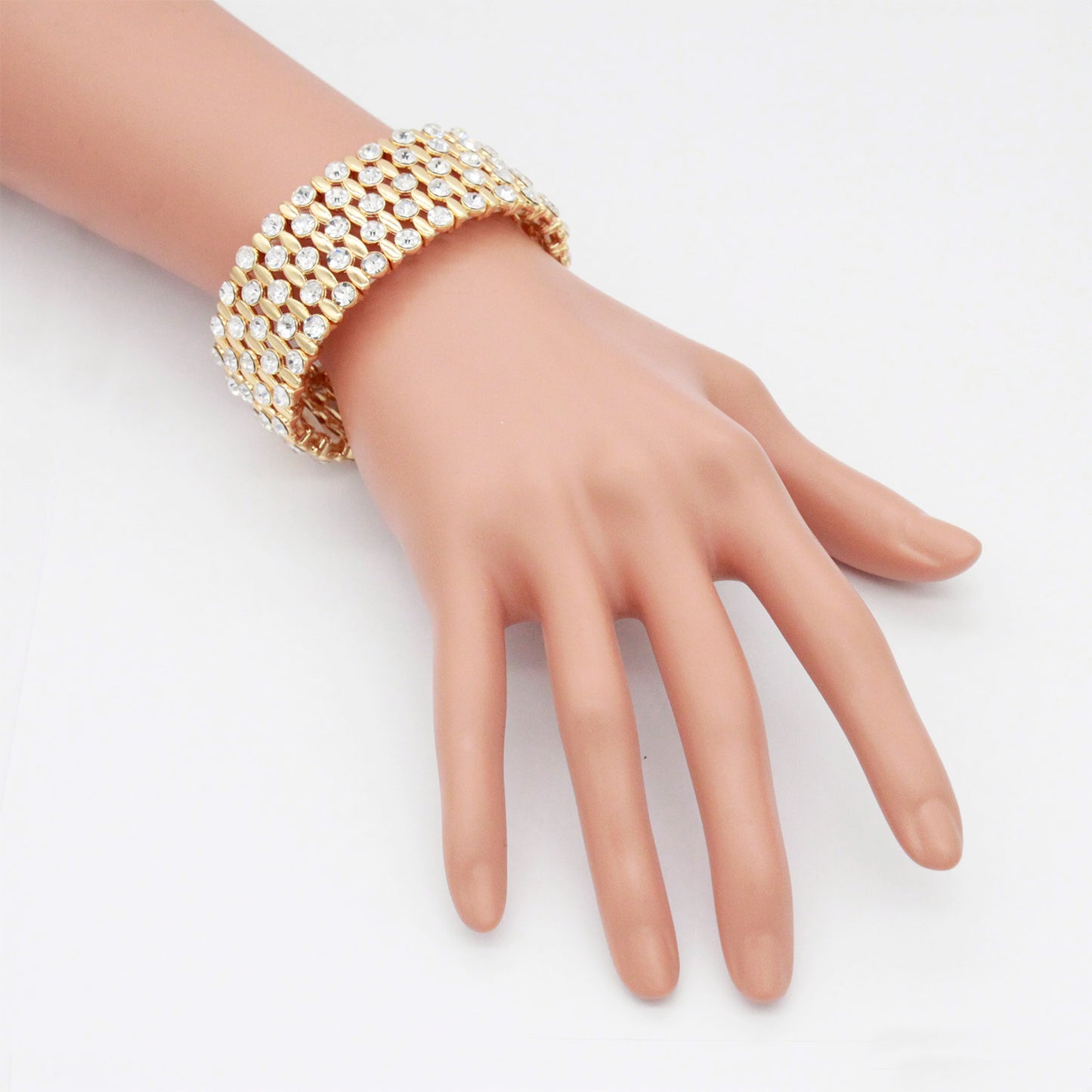 Lavencious Classic Design Elastic Stretch Bracelet Paved with Rhinestones Bridal Wedding Jewelry for Women 7"(Gold)