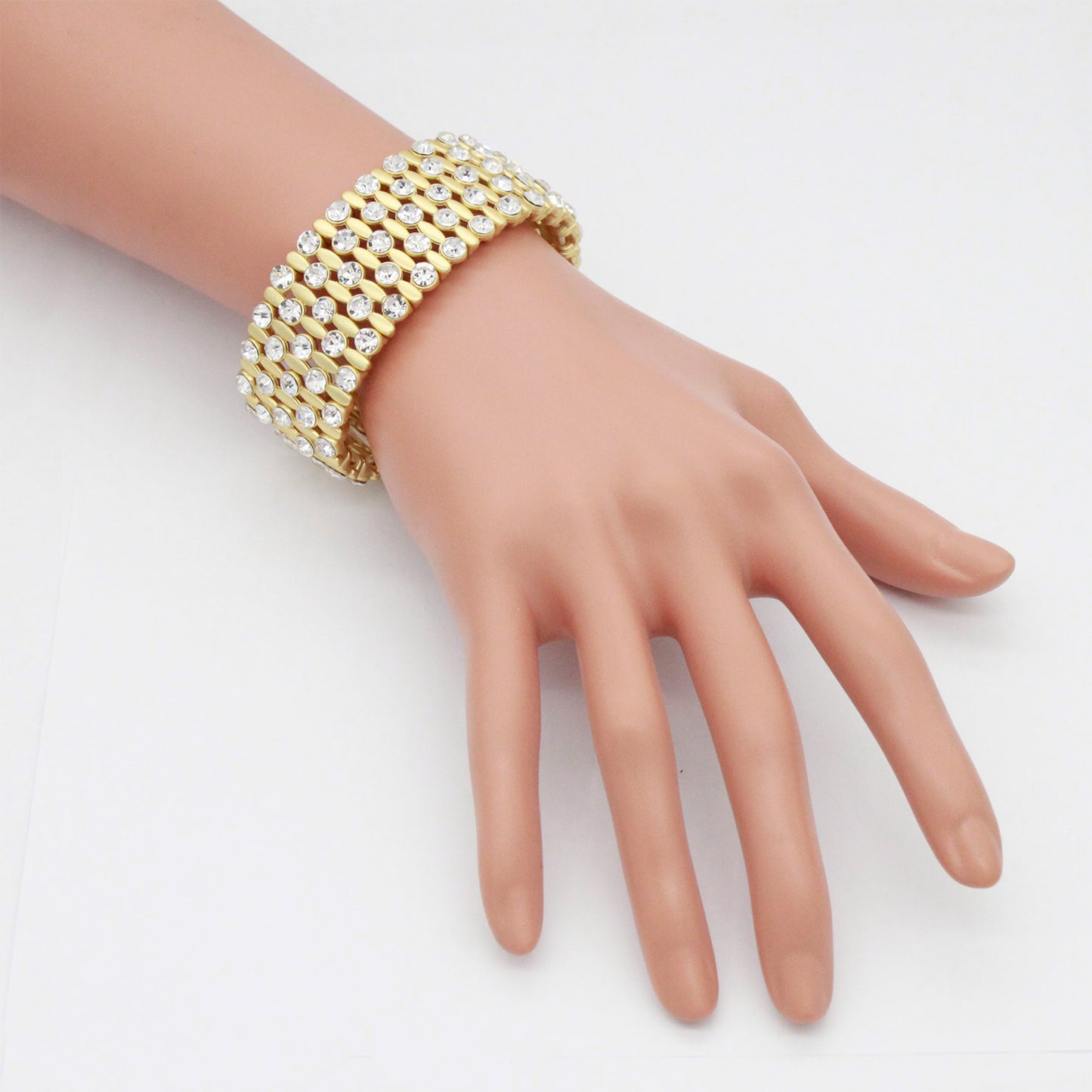 Lavencious Classic Design Elastic Stretch Bracelet Paved with Rhinestones Bridal Wedding Jewelry for Women 7"(Matte Gold)