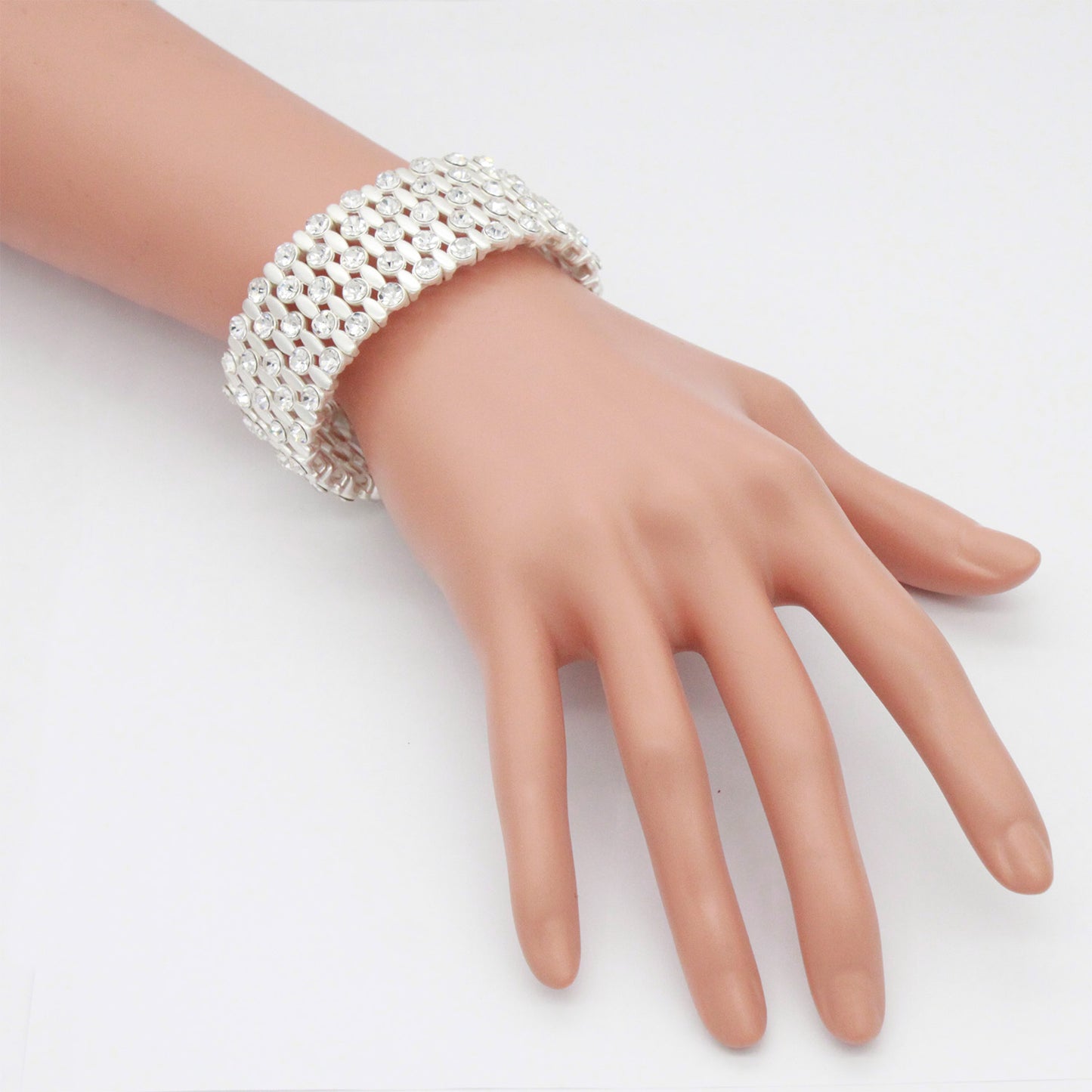 Lavencious Classic Design Elastic Stretch Bracelet Paved with Rhinestones Bridal Wedding Jewelry for Women 7"(Matte Silver)