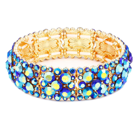 Lavencious Round Shape Rhinestones Elastic Stretch Bracelet Party Jewelry for Women 7"(Blue AB)
