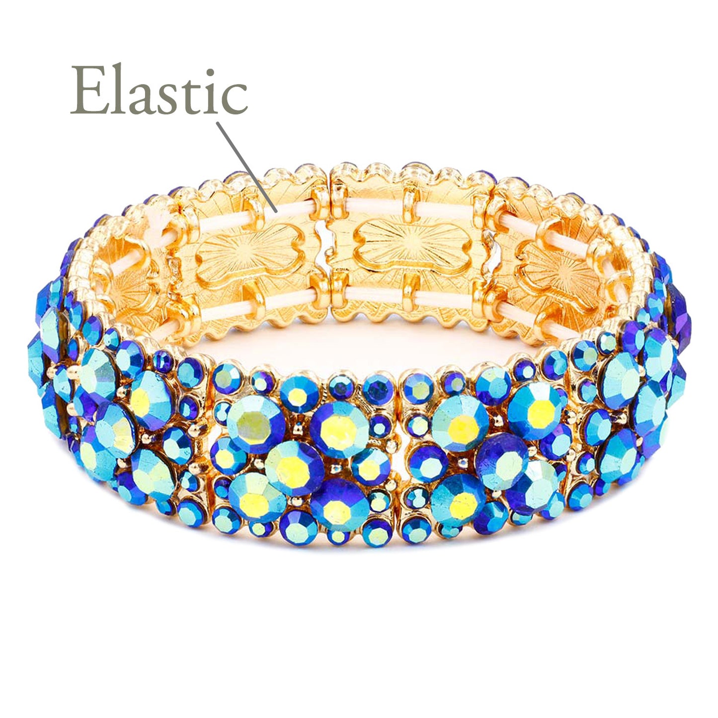 Lavencious Round Shape Rhinestones Elastic Stretch Bracelet Party Jewelry for Women 7"(Blue AB)