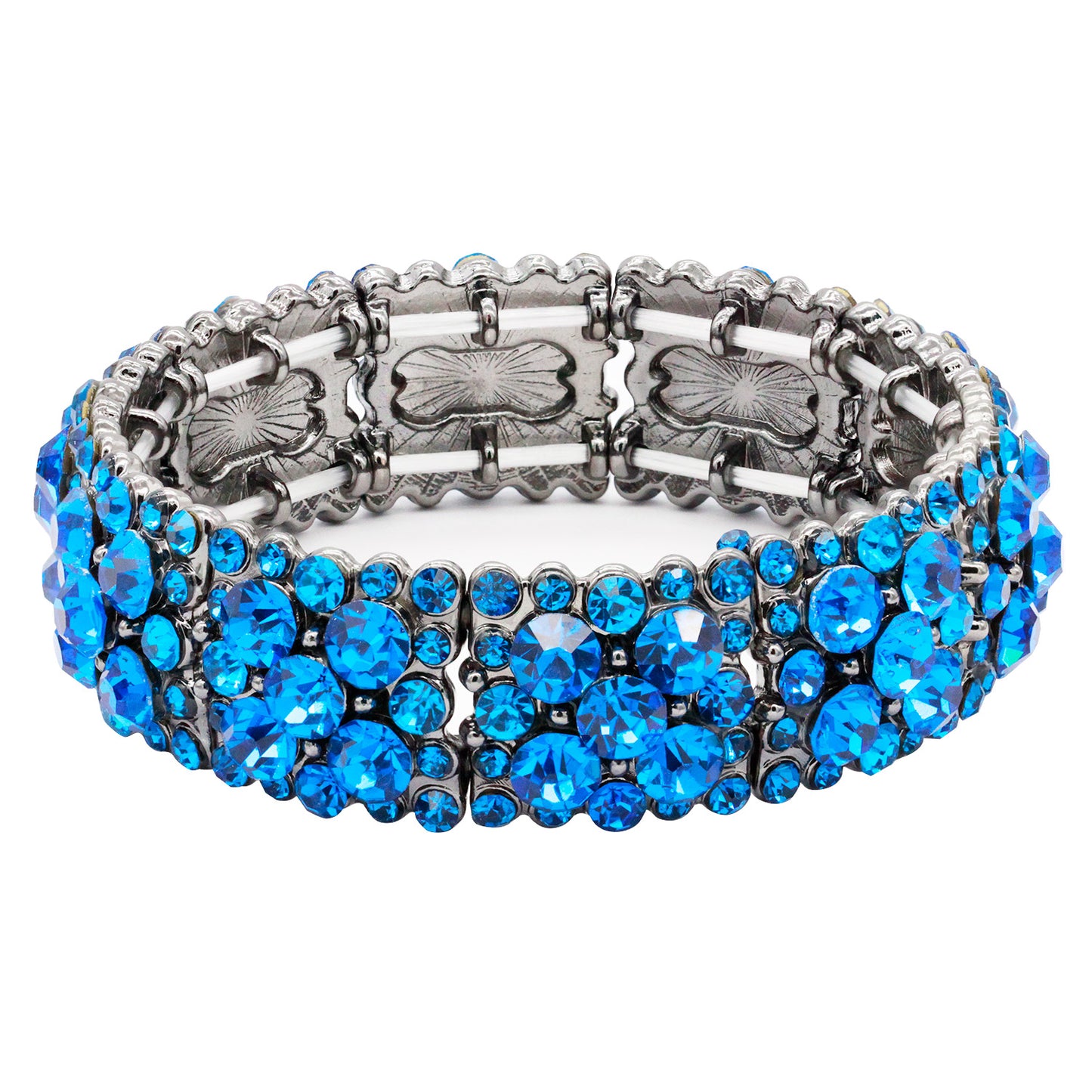 Lavencious Round Shape Rhinestones Elastic Stretch Bracelet Party Jewelry for Women 7" (Blue & Gunmetal Plated)
