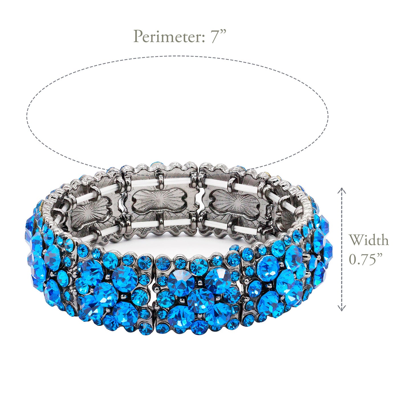 Lavencious Round Shape Rhinestones Elastic Stretch Bracelet Party Jewelry for Women 7" (Blue & Gunmetal Plated)
