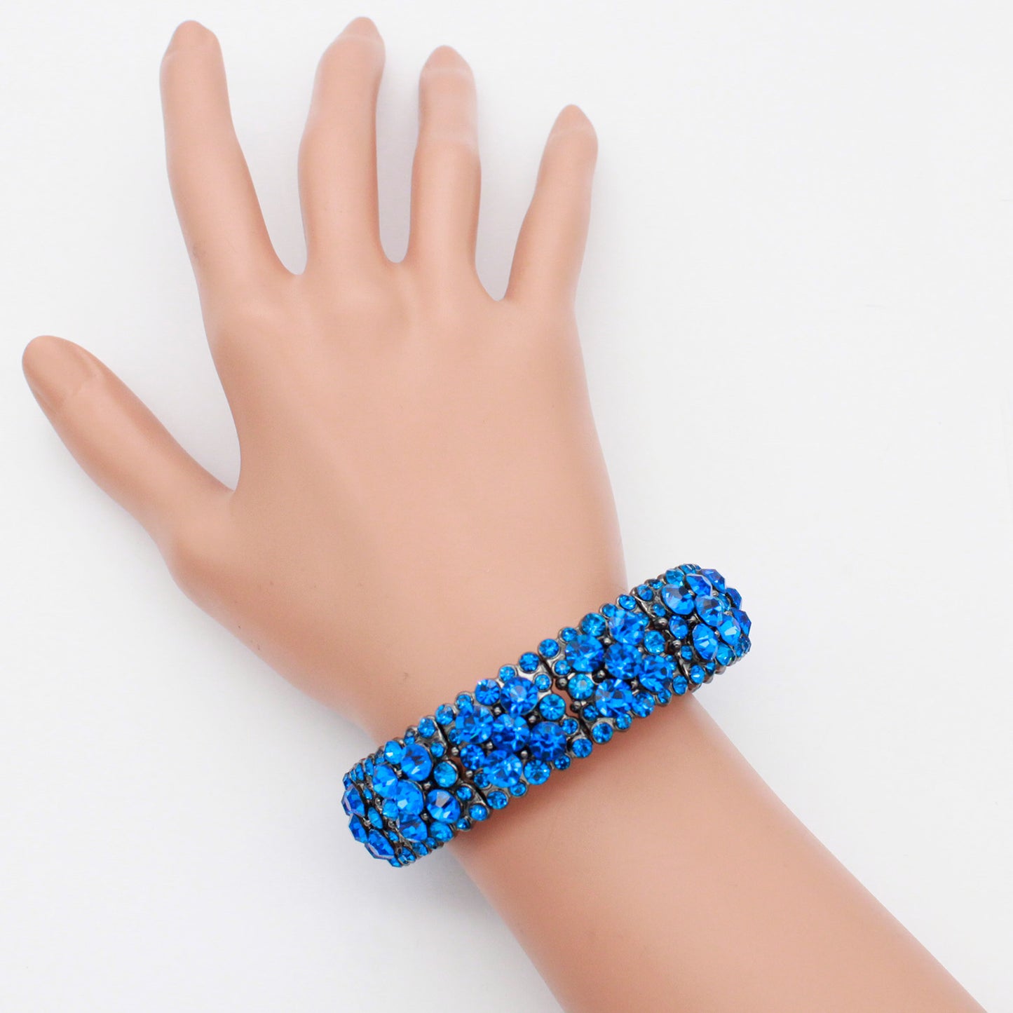Lavencious Round Shape Rhinestones Elastic Stretch Bracelet Party Jewelry for Women 7" (Blue & Gunmetal Plated)