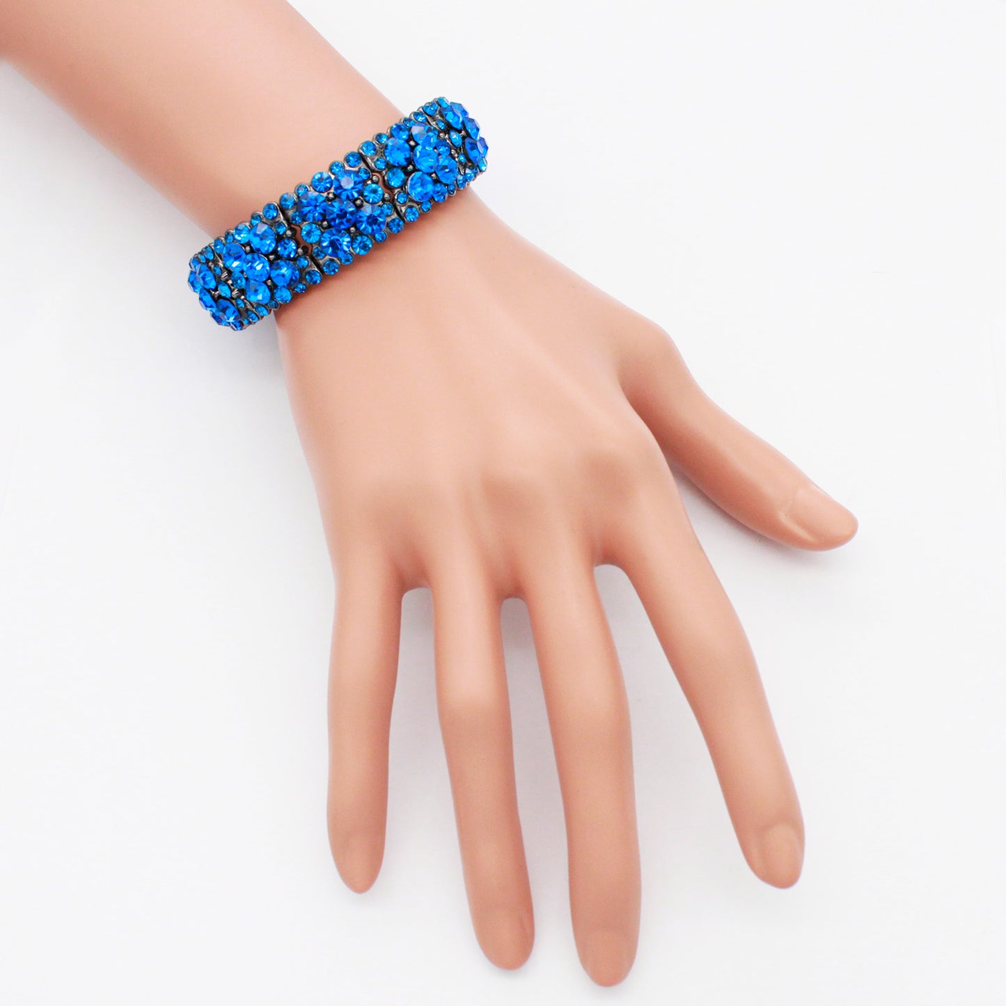 Lavencious Round Shape Rhinestones Elastic Stretch Bracelet Party Jewelry for Women 7" (Blue & Gunmetal Plated)