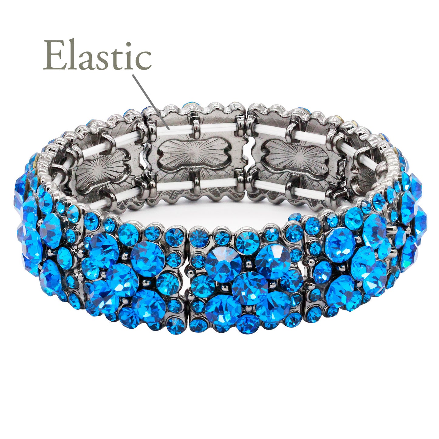 Lavencious Round Shape Rhinestones Elastic Stretch Bracelet Party Jewelry for Women 7" (Blue & Gunmetal Plated)