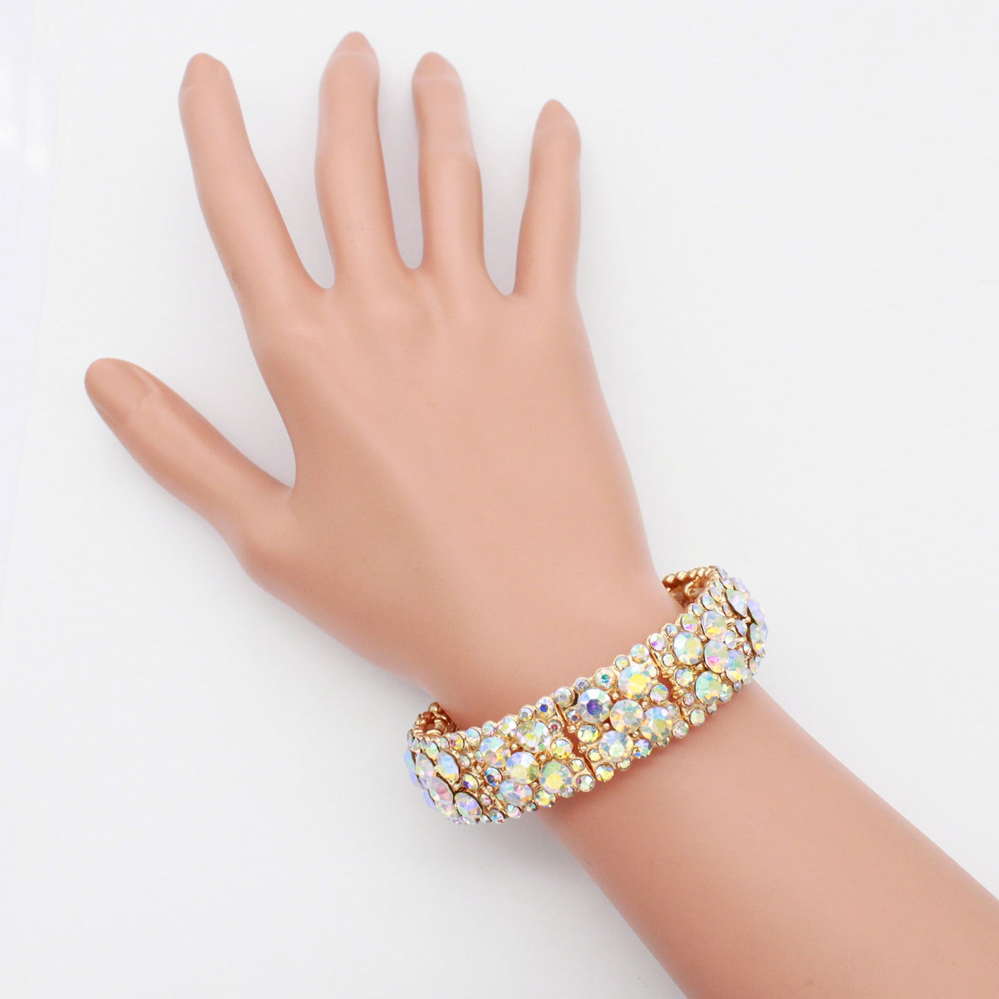 Lavencious Round Shape Rhinestones Elastic Stretch Bracelet Party Jewelry for Women 7"(Gold AB)