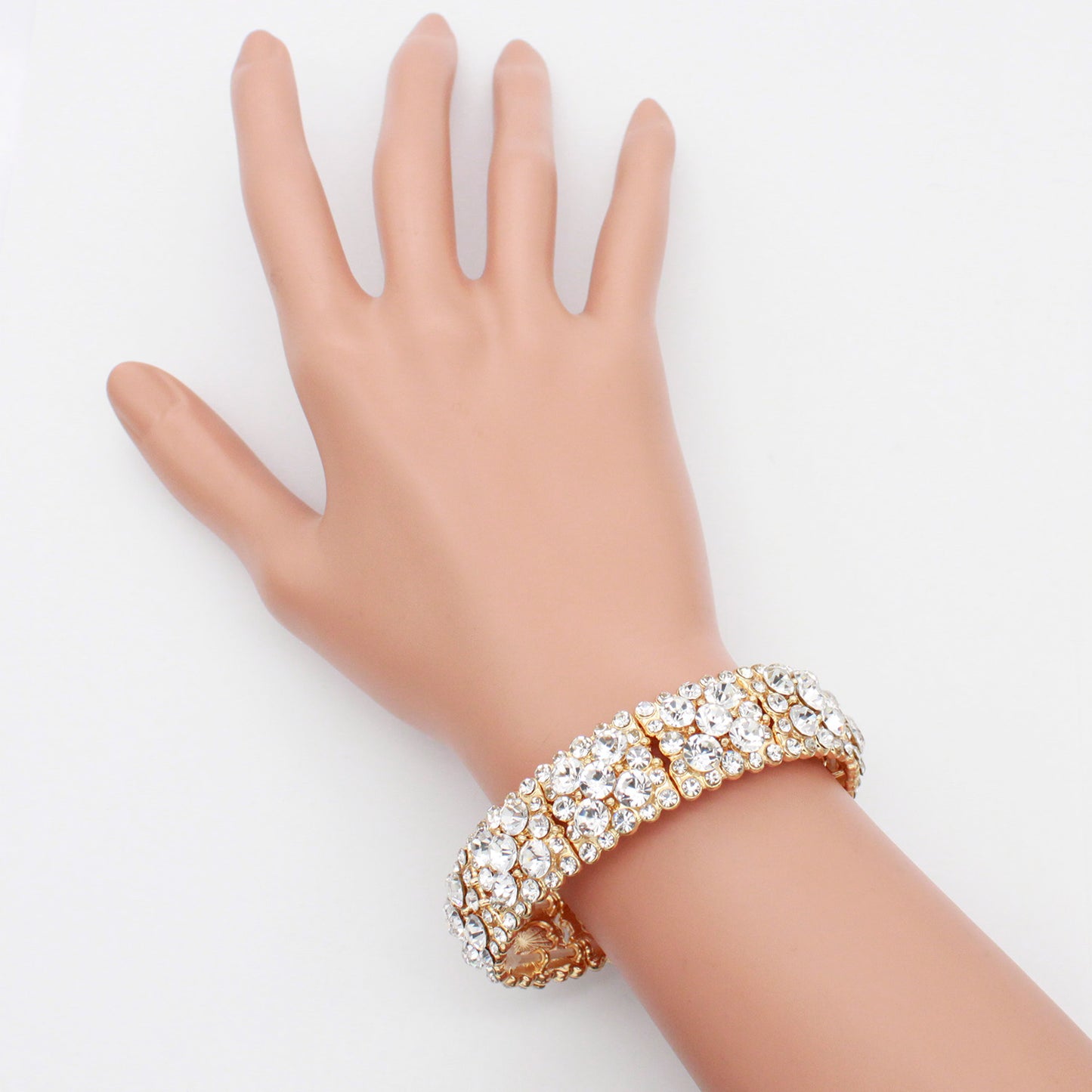 Lavencious Round Shape Rhinestones Elastic Stretch Bracelet Party Jewelry for Women 7"(Gold Clear)