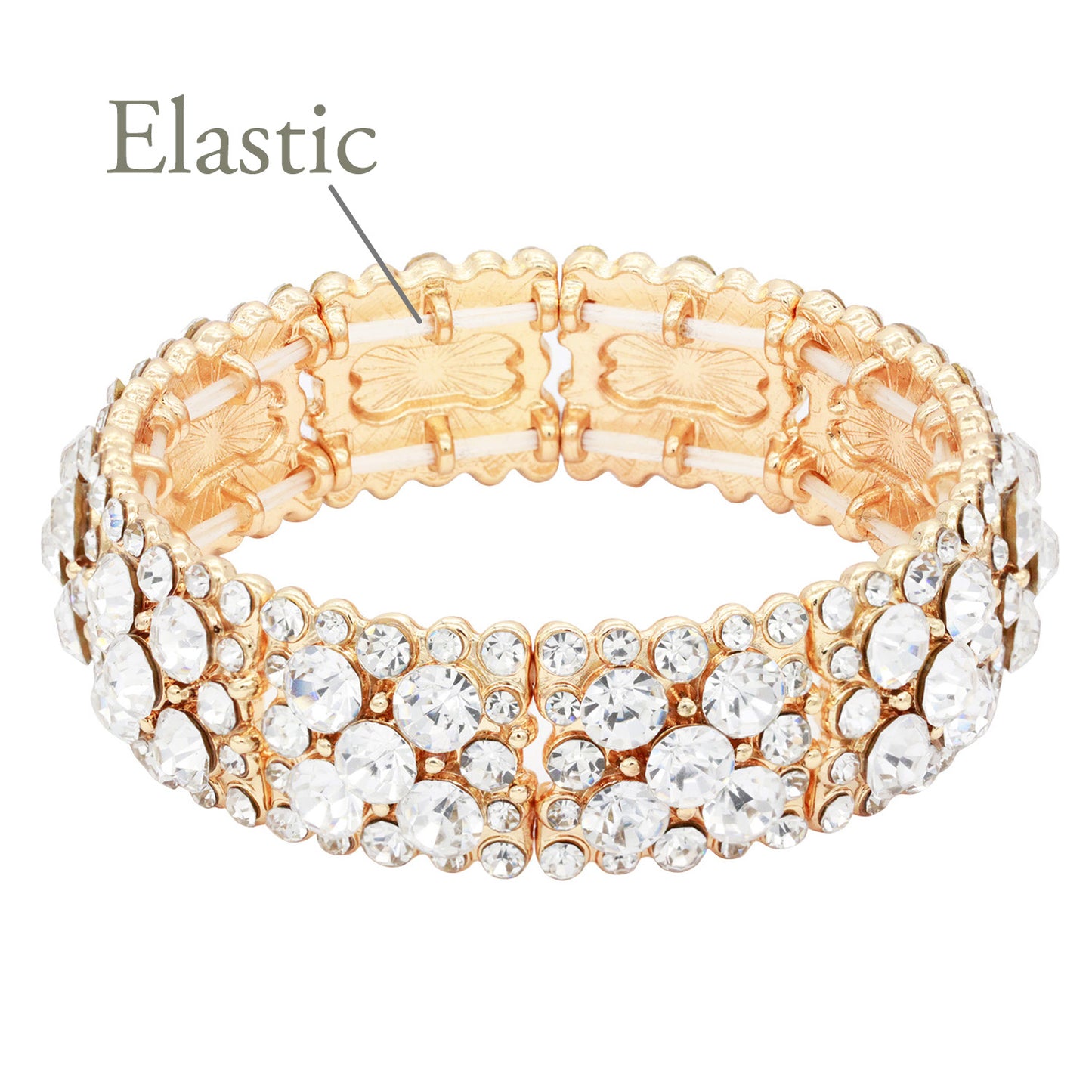Lavencious Round Shape Rhinestones Elastic Stretch Bracelet Party Jewelry for Women 7"(Gold Clear)