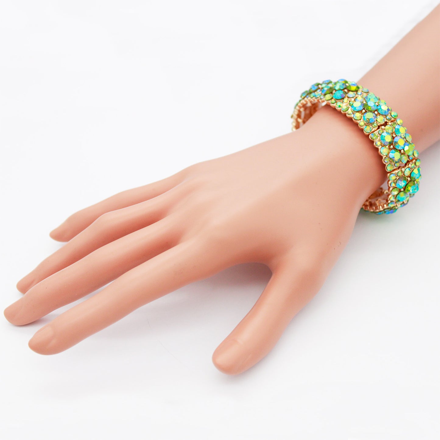 Lavencious Round Shape Rhinestones Elastic Stretch Bracelet Party Jewelry for Women 7"(Green AB)