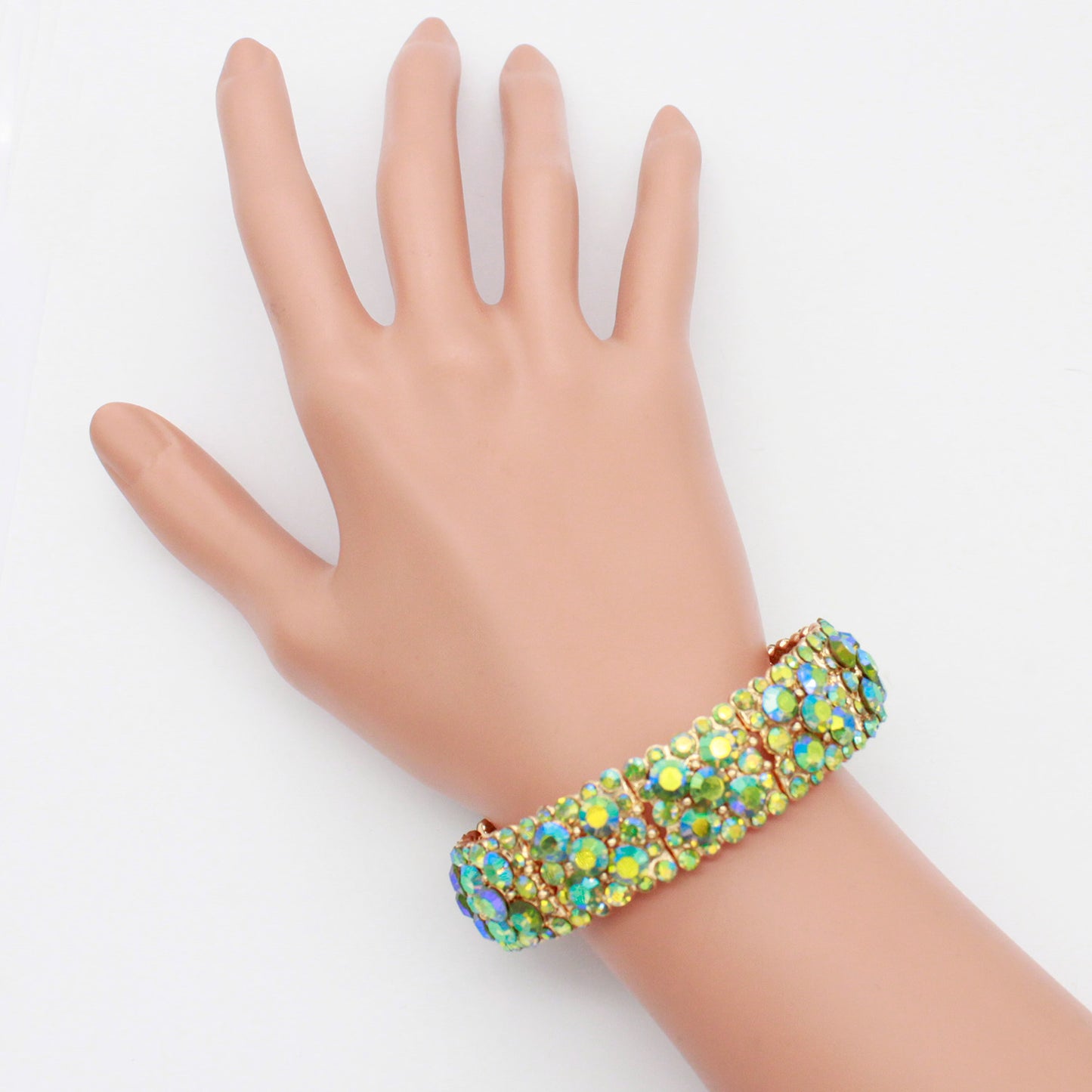 Lavencious Round Shape Rhinestones Elastic Stretch Bracelet Party Jewelry for Women 7"(Green AB)