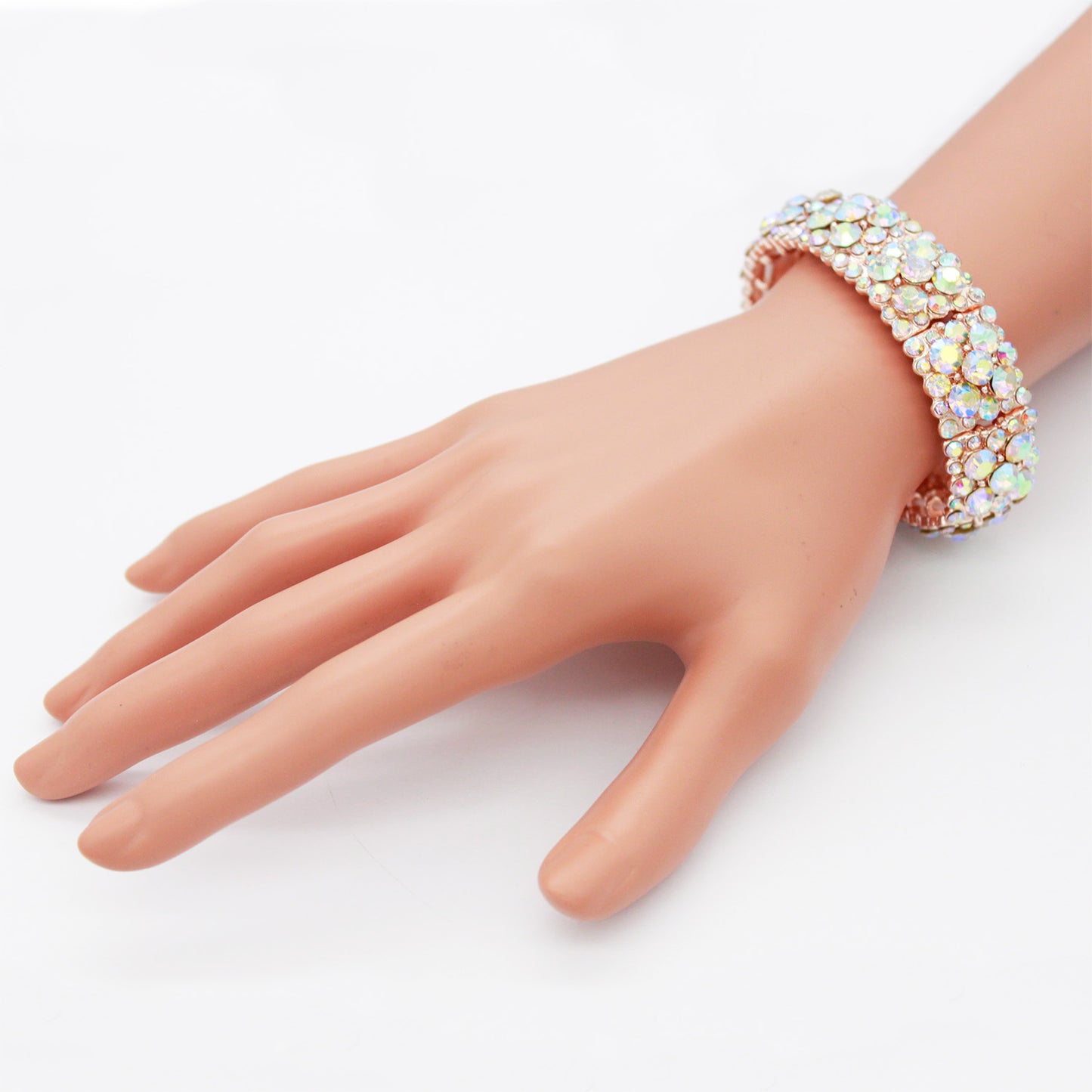 Lavencious Round Shape Rhinestones Elastic Stretch Bracelet Party Jewelry for Women 7"(Rose Gold AB)