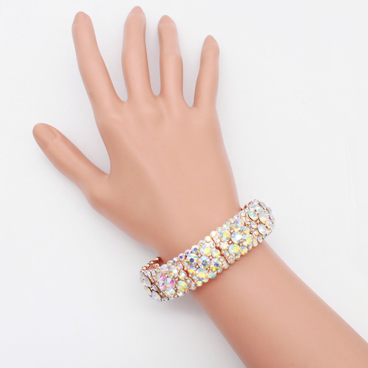 Lavencious Round Shape Rhinestones Elastic Stretch Bracelet Party Jewelry for Women 7"(Rose Gold AB)