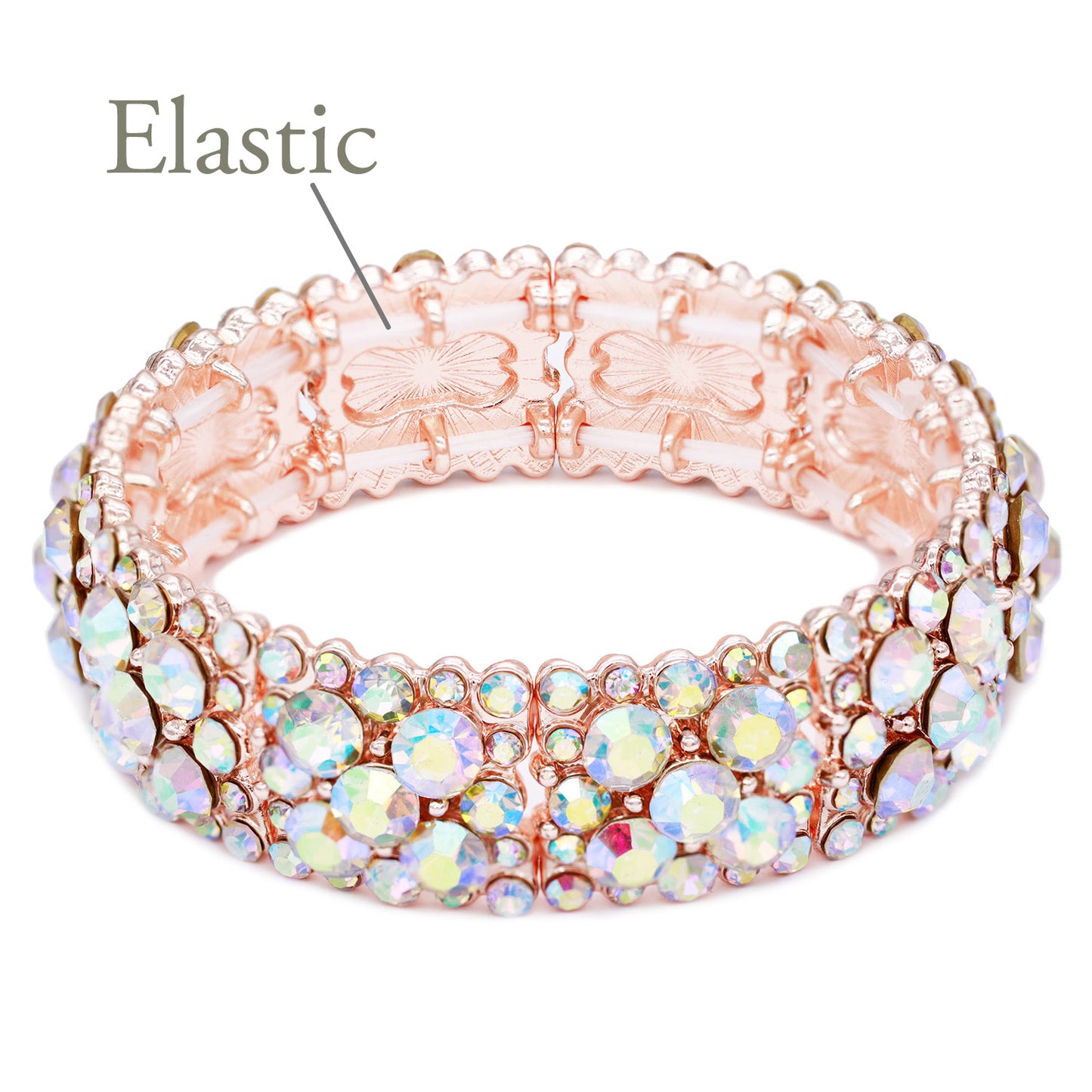 Lavencious Round Shape Rhinestones Elastic Stretch Bracelet Party Jewelry for Women 7"(Rose Gold AB)