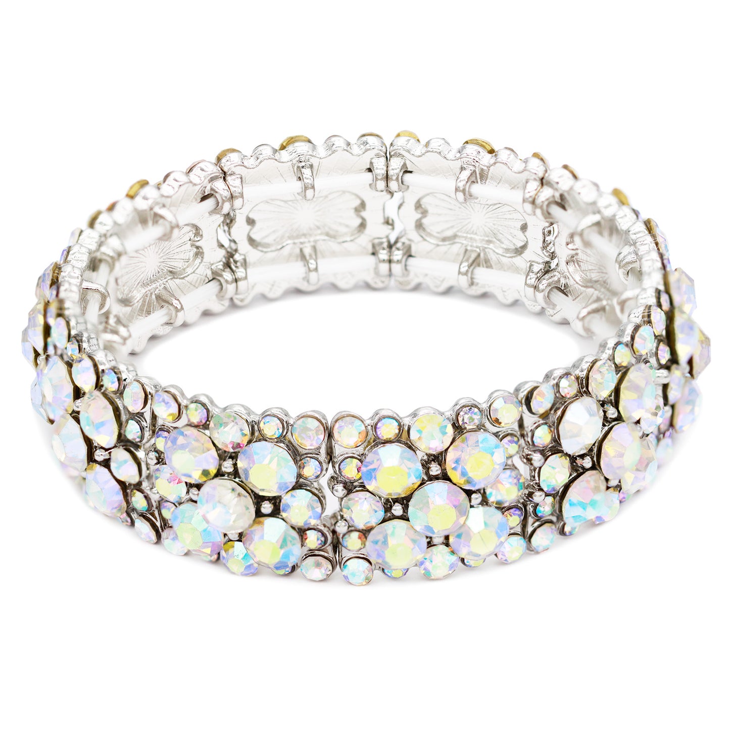 Lavencious Round Shape Rhinestones Elastic Stretch Bracelet Party Jewelry for Women 7"(Silver AB)