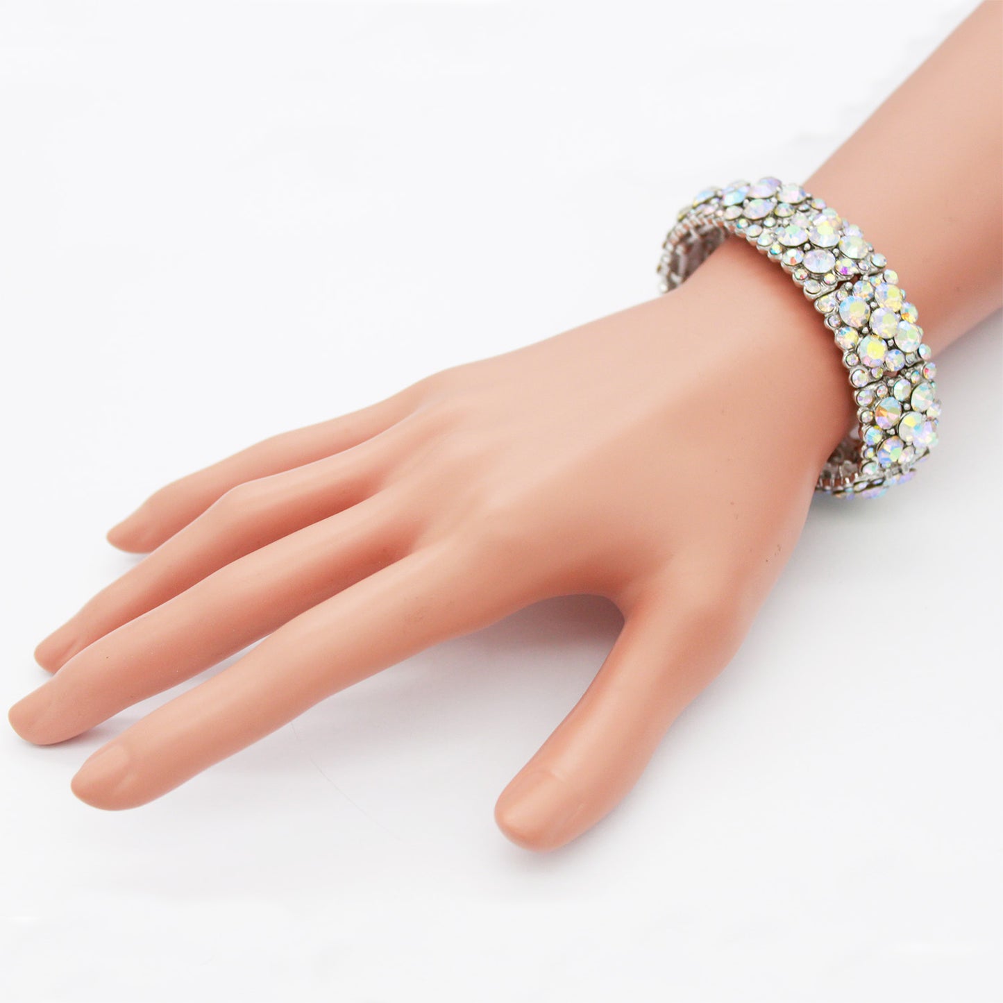 Lavencious Round Shape Rhinestones Elastic Stretch Bracelet Party Jewelry for Women 7"(Silver AB)