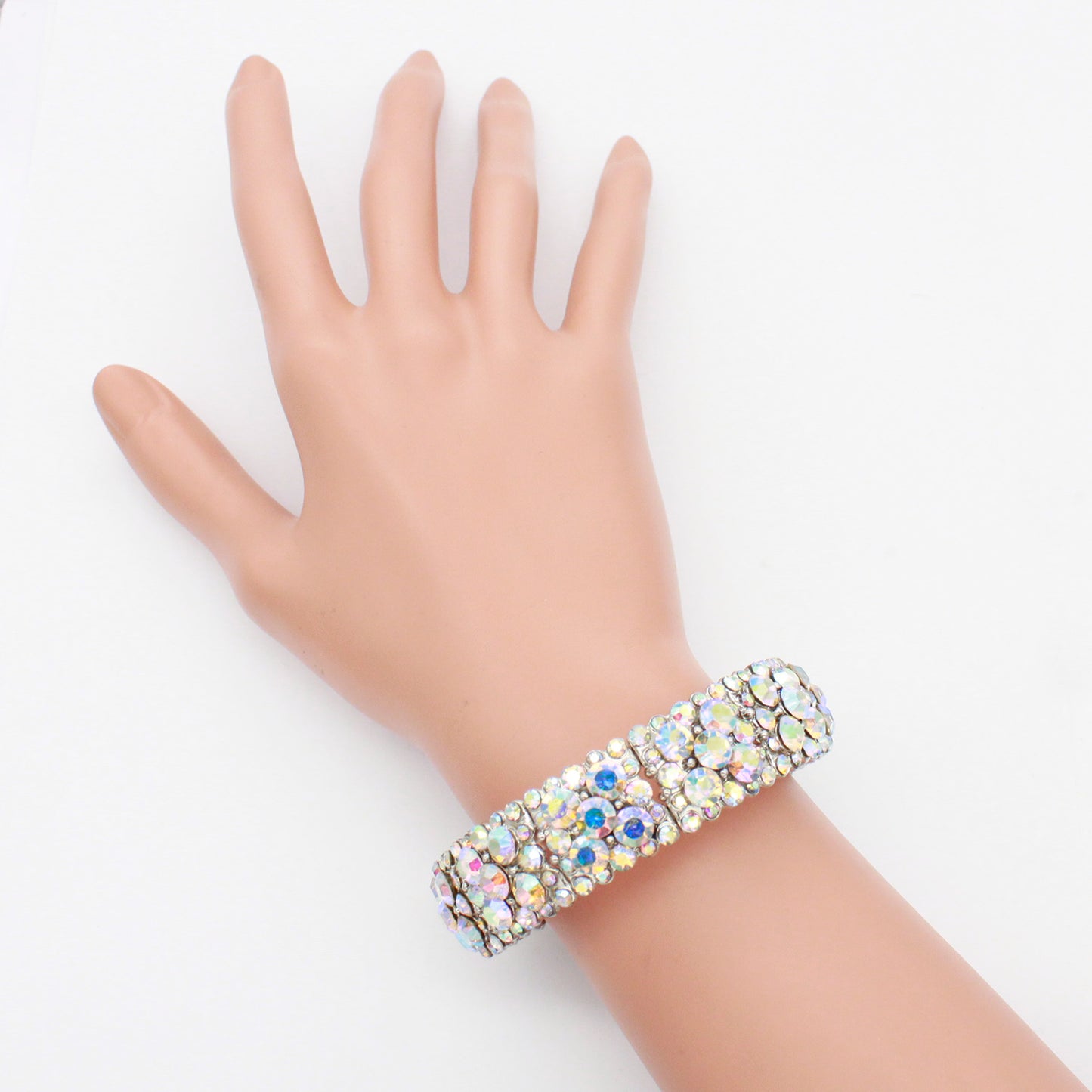 Lavencious Round Shape Rhinestones Elastic Stretch Bracelet Party Jewelry for Women 7"(Silver AB)