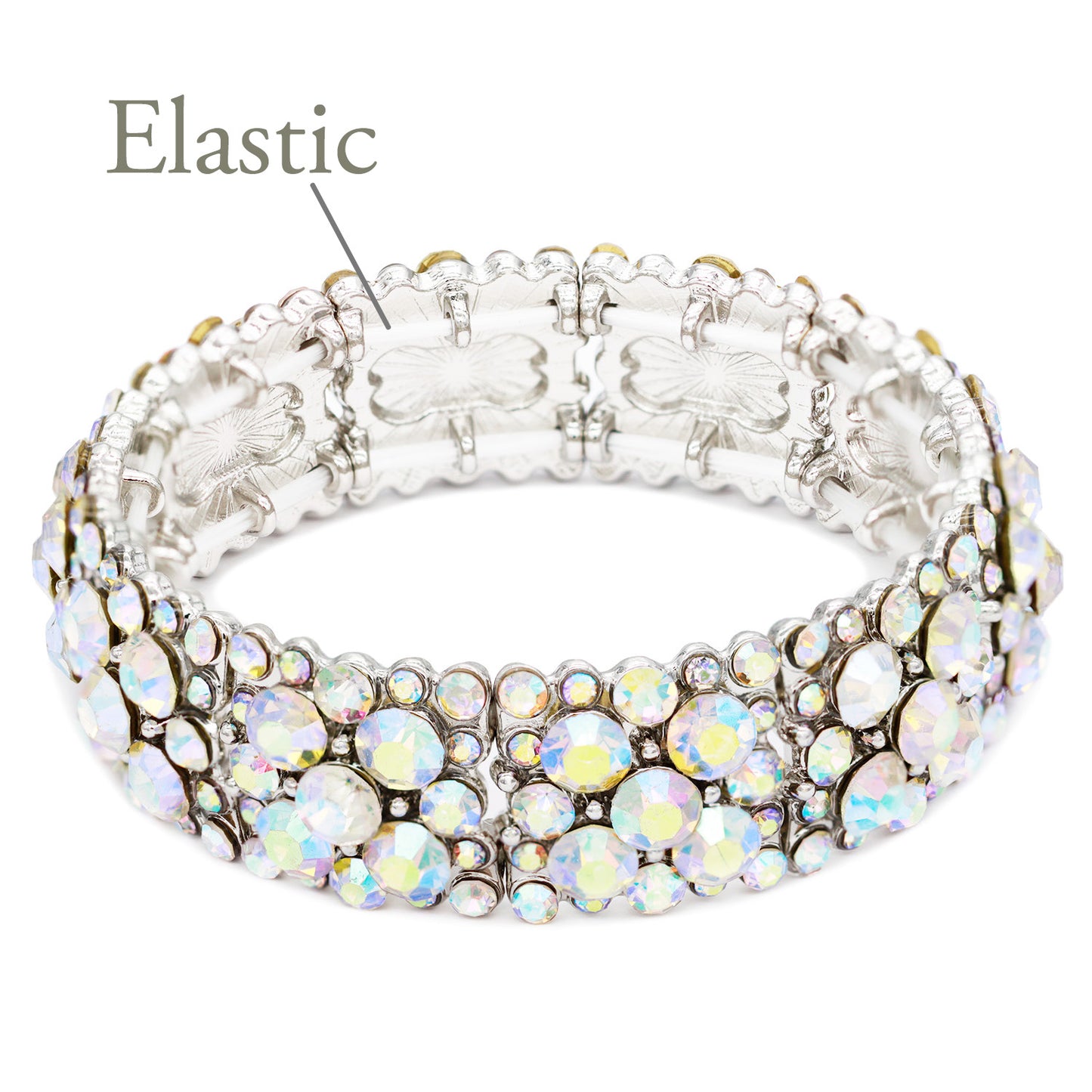 Lavencious Round Shape Rhinestones Elastic Stretch Bracelet Party Jewelry for Women 7"(Silver AB)