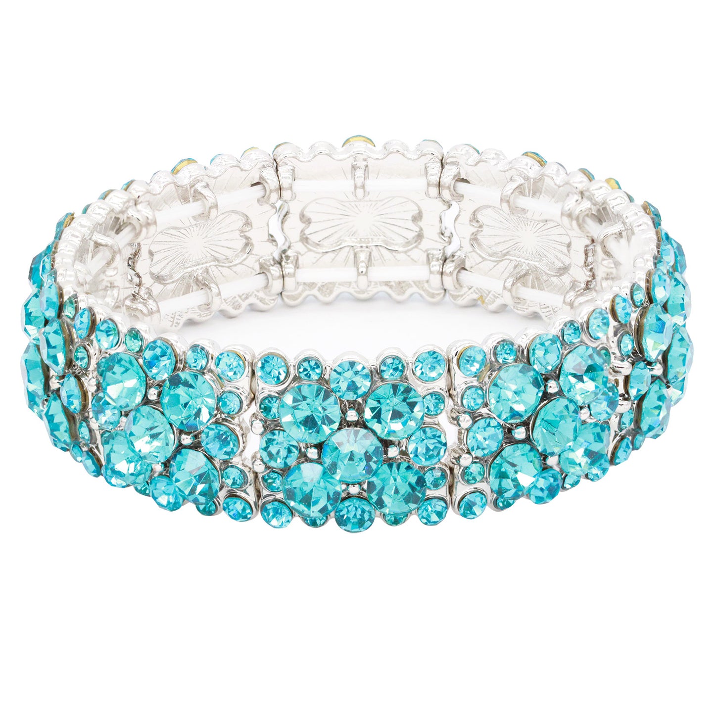 Lavencious Round Shape Rhinestones Elastic Stretch Bracelet Party Jewelry for Women 7" (Rhodium & AQ)